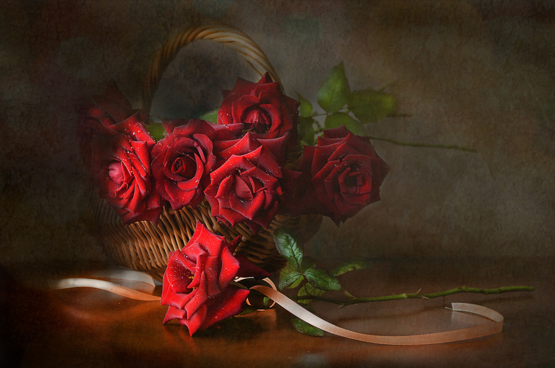 Download mobile wallpaper Still Life, Rose, Basket, Photography, Ribbon, Red Rose for free.