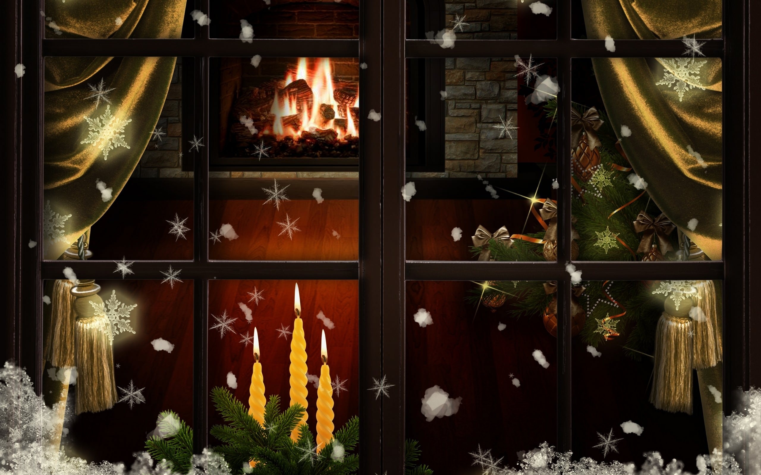 Handy-Wallpaper Feiertage, Schnee, Weihnachten, Fenster, Weihnachtsbaum, Kerze, Kamin kostenlos herunterladen.