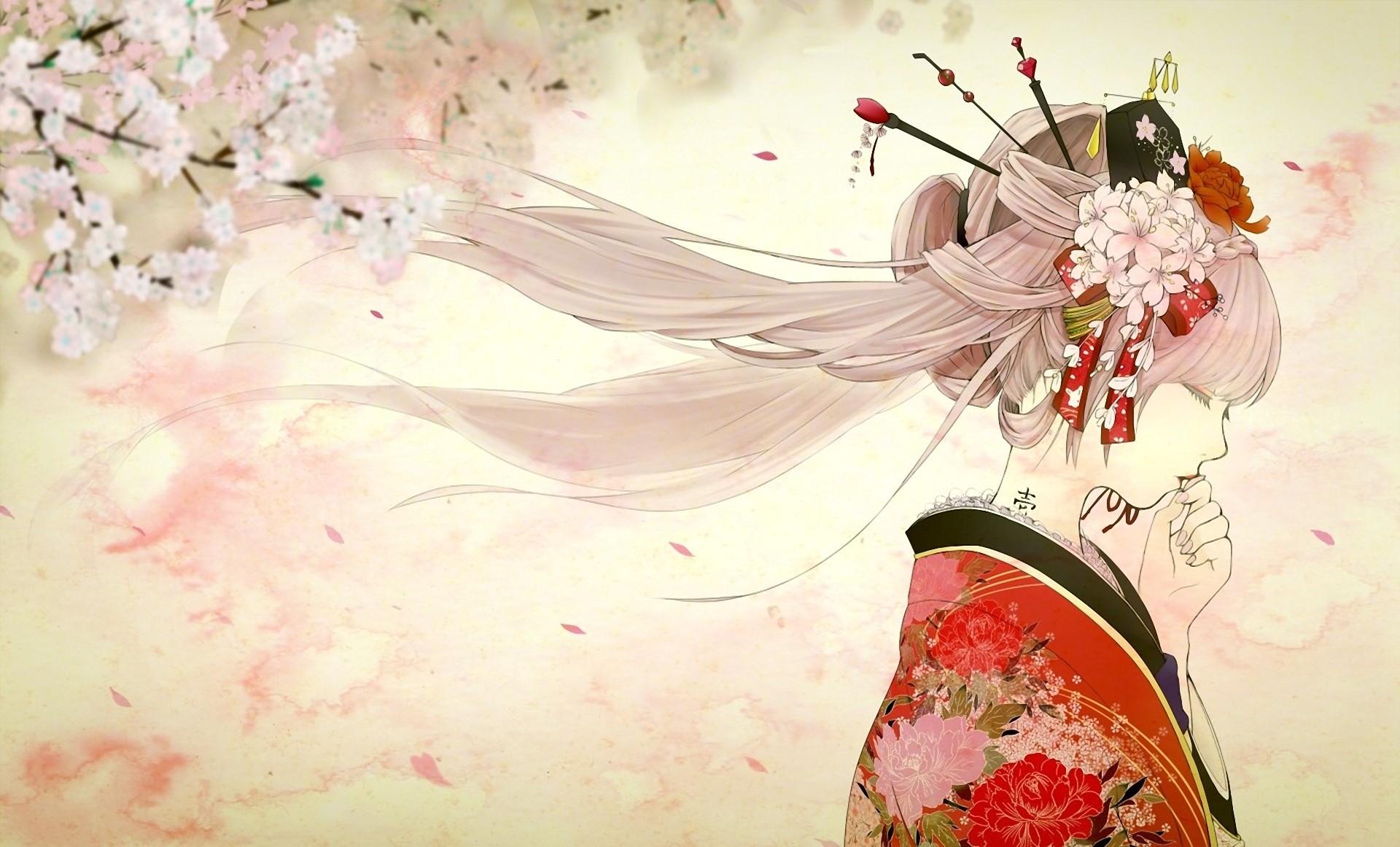 Download mobile wallpaper Sakura, Flower, Drawing, Artistic, Kimono, Oriental, Pink Hair, Asian, Long Hair for free.