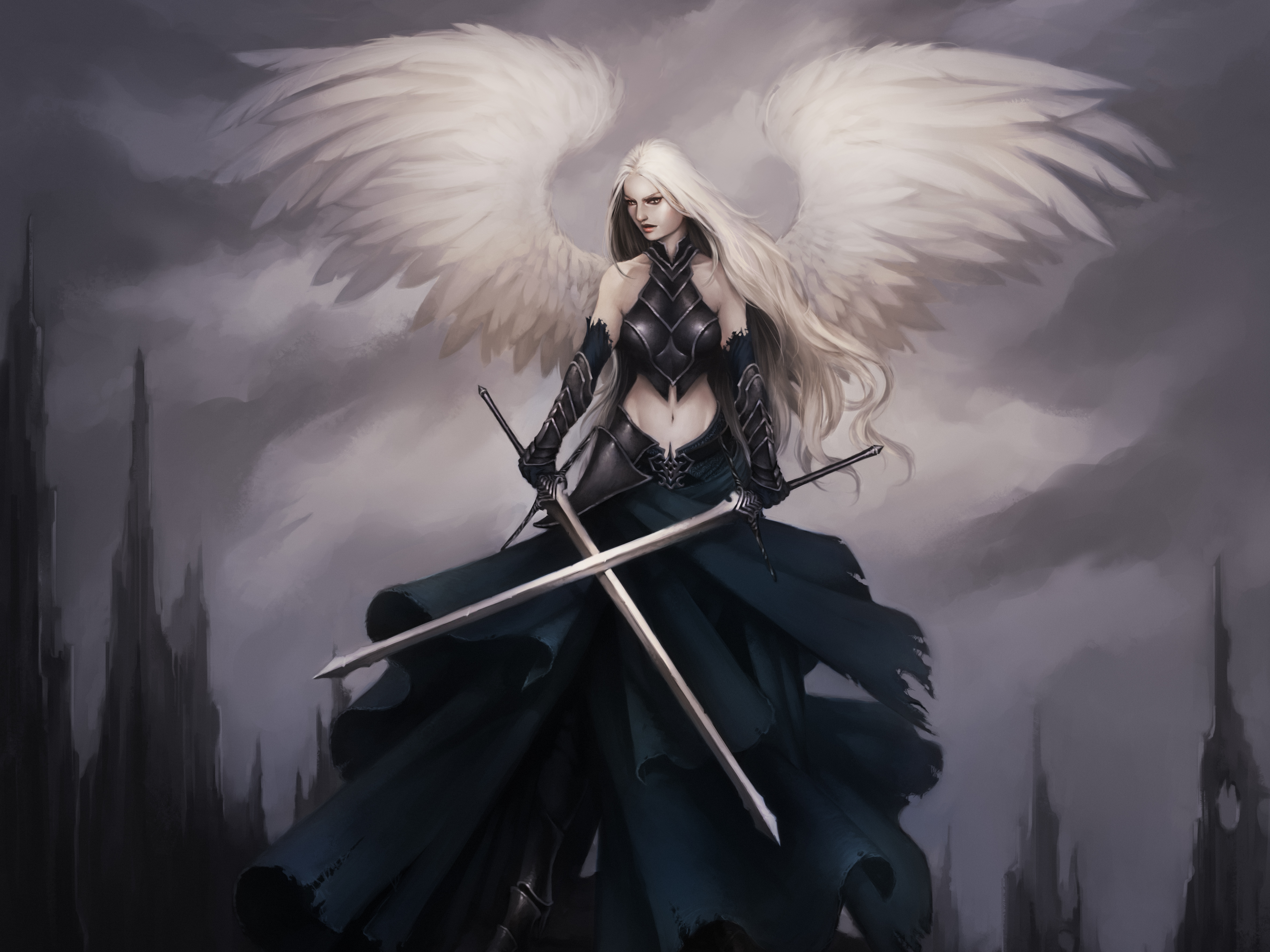 Free download wallpaper Fantasy, Wings, Warrior, Angel, Sword, Women Warrior, White Hair on your PC desktop