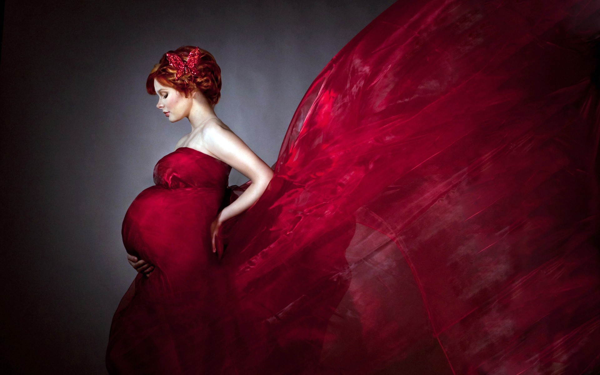 無料モバイル壁紙蝶, 赤毛, モデル, 女性, 赤いドレスをダウンロードします。