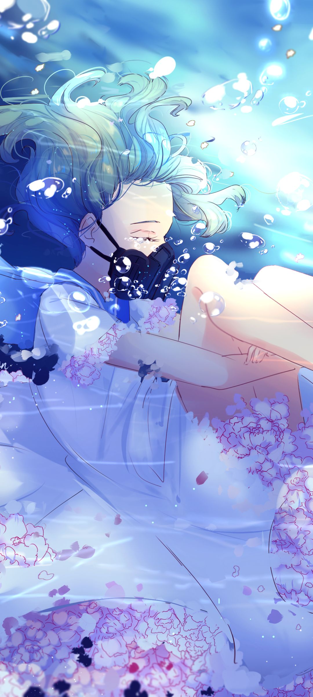 Download mobile wallpaper Anime, Flower, Girl, Mask, Underwater, Dress, Bubble, Short Hair for free.