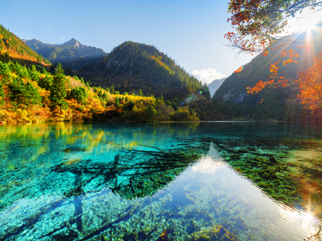 Download mobile wallpaper Nature, Lakes, Mountain, Lake, Fall, Earth, Sunbeam, Sunbean for free.