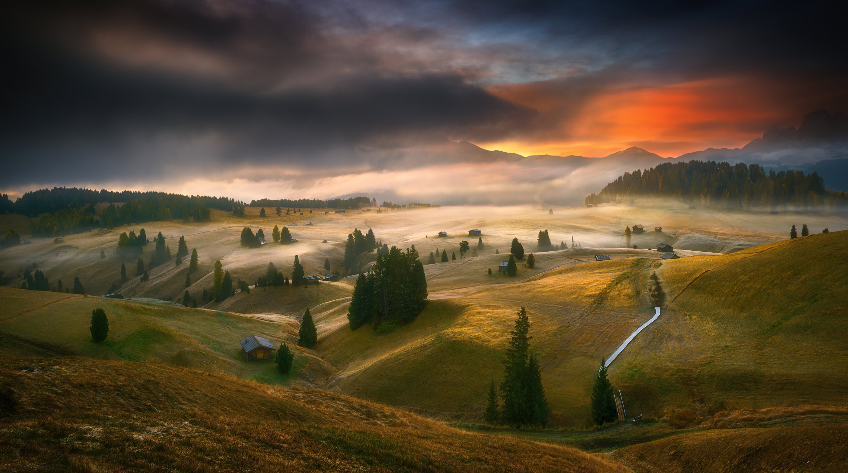 Handy-Wallpaper Landschaft, Natur, Nebel, Feld, Wolke, Fotografie, Sonnenuntergang kostenlos herunterladen.