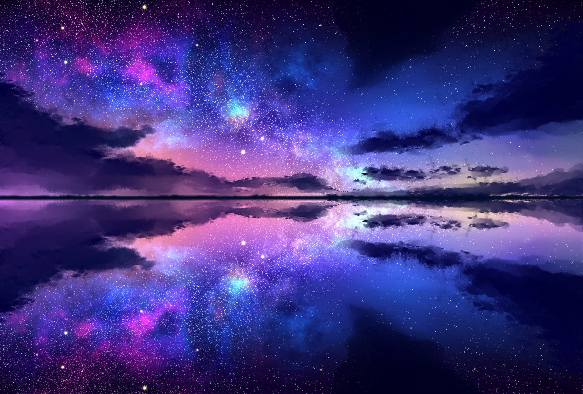 Free download wallpaper Nature, Stars, Night, Reflection, Ocean, Milky Way, Artistic, Cloud on your PC desktop
