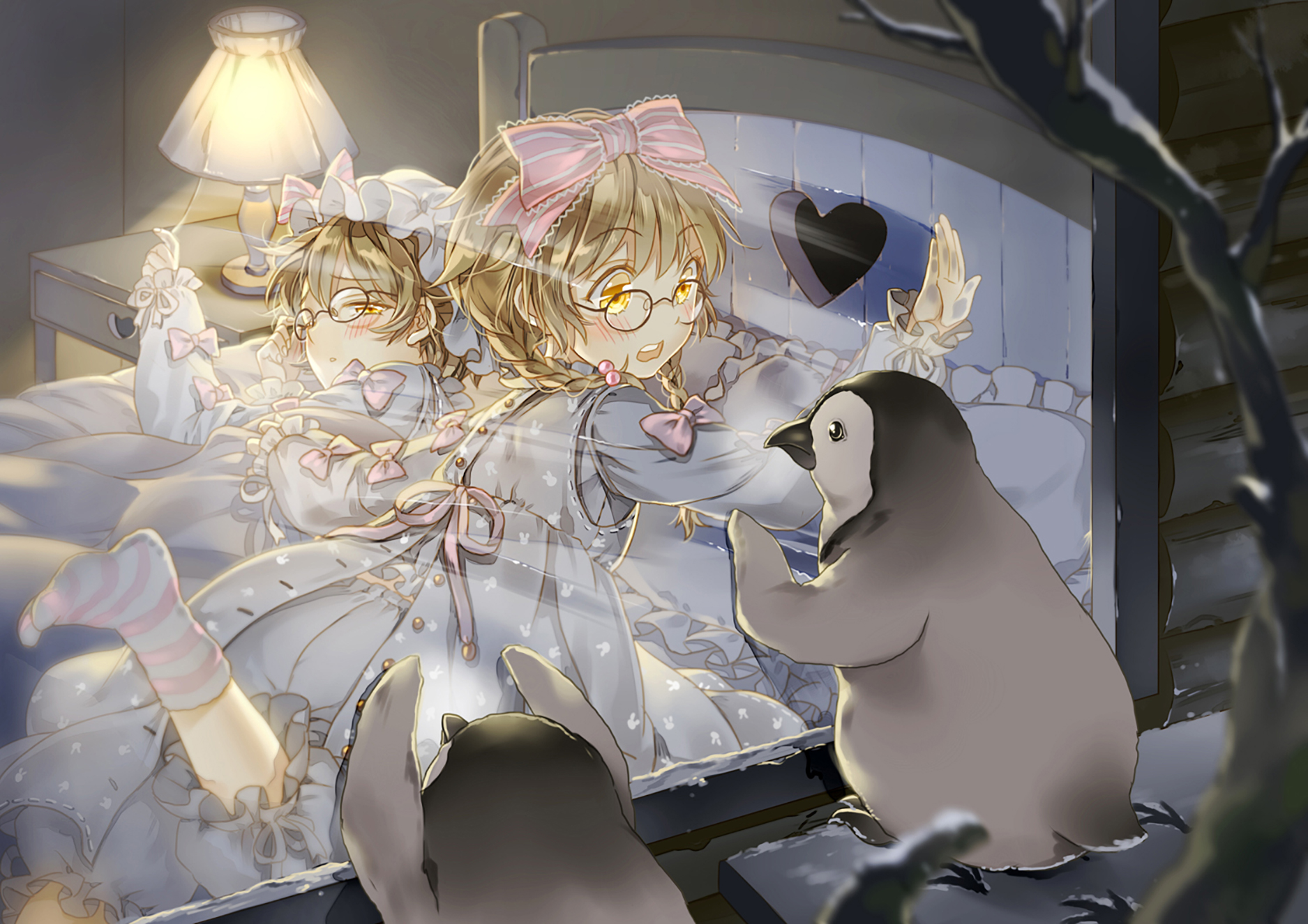 Free download wallpaper Anime, Night, Snow, Bed, Blonde, Dress, Penguin, Yellow Eyes, Original, Bow (Clothing) on your PC desktop
