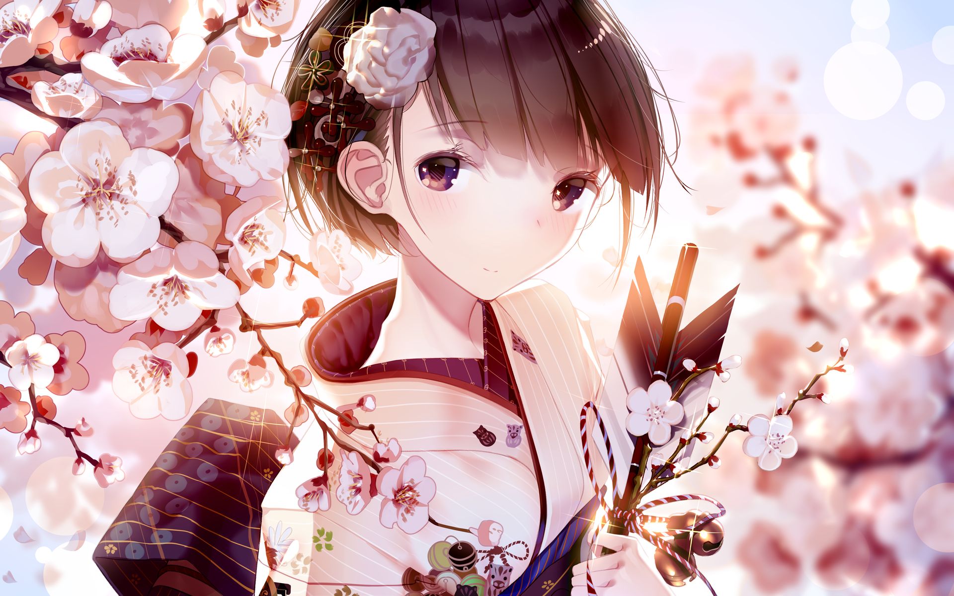 Laden Sie das Pfeil, Kimono, Original, Kirschblüte, Braune Augen, Animes, Braune Haare, Kurzes Haar-Bild kostenlos auf Ihren PC-Desktop herunter