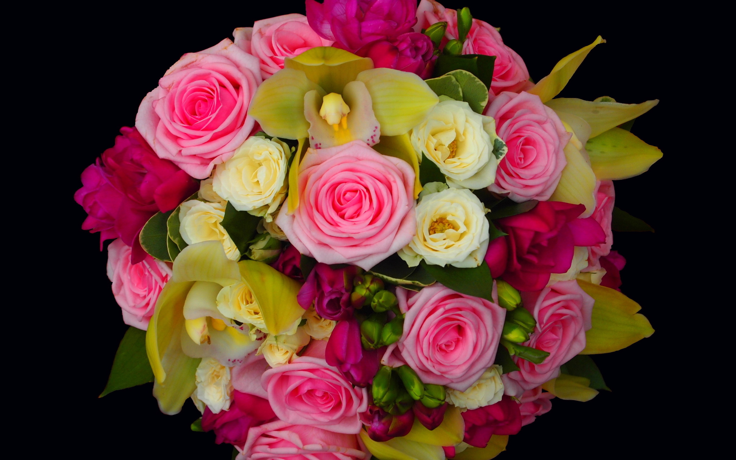 Скачать обои бесплатно Цветок, Роза, Букет, Орхидея, Желтый Цветок, Фиолетовый Цветок, Сделано Человеком, Розовый Цветок картинка на рабочий стол ПК