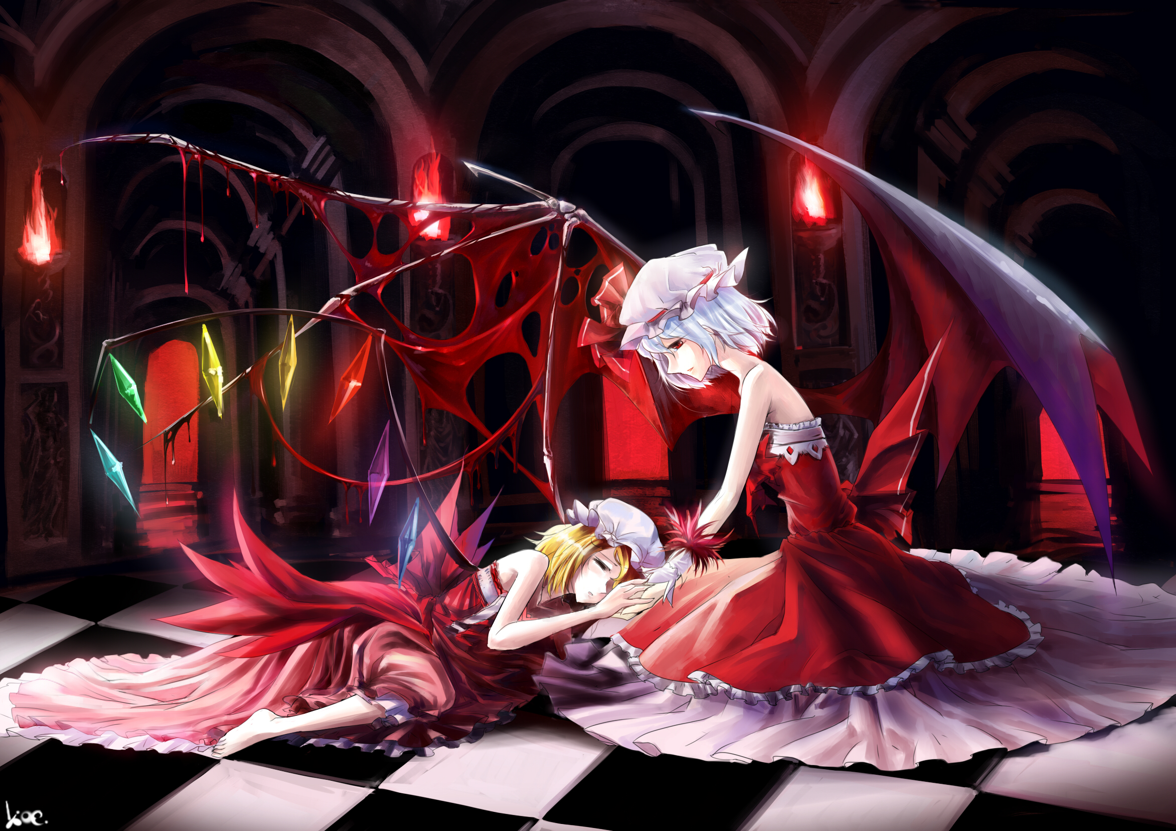 Download mobile wallpaper Anime, Wings, Blonde, Hat, Dress, Blue Hair, Red Eyes, Remilia Scarlet, Flandre Scarlet, Touhou, Red Dress, Lying Down, Barefoot for free.