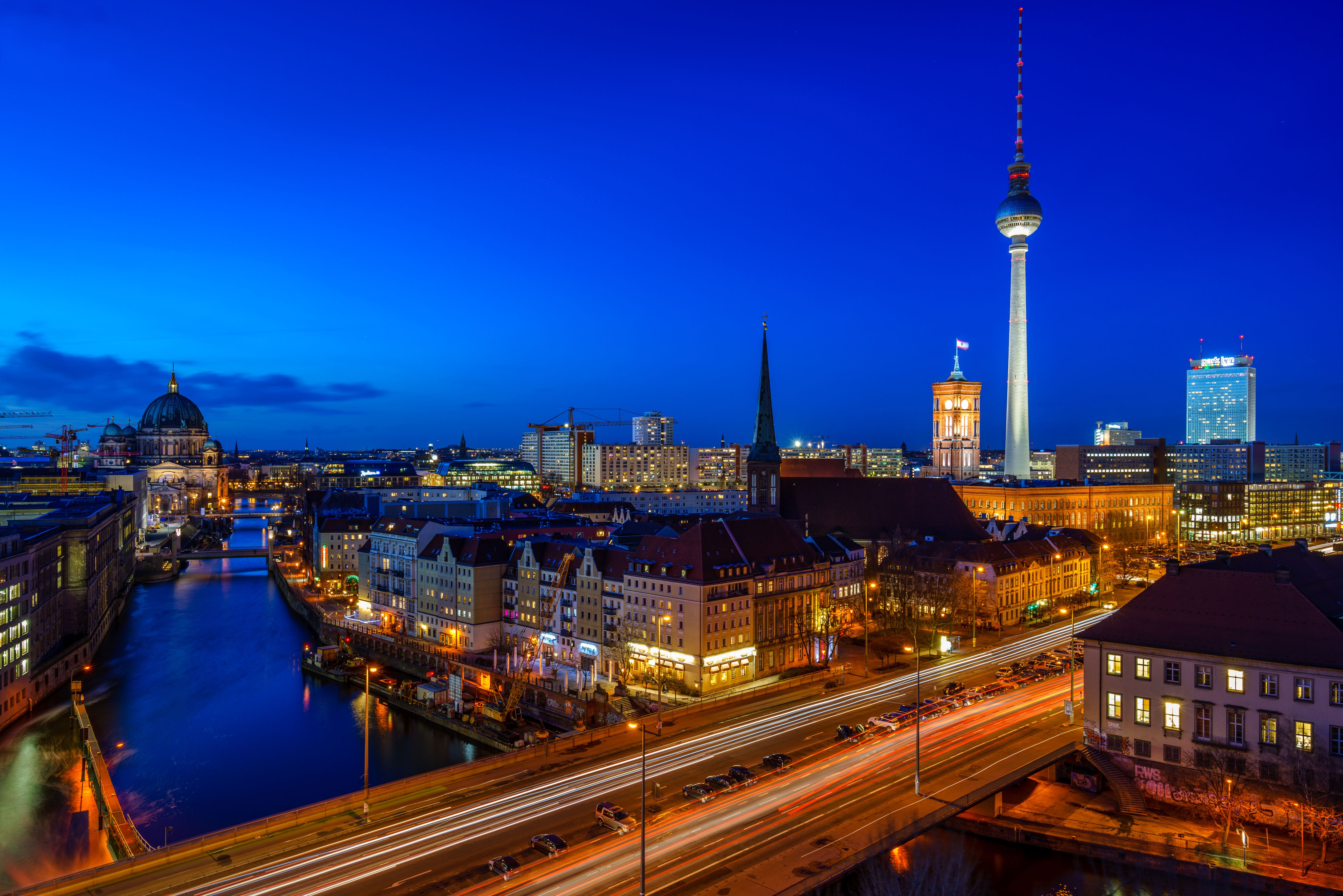 Free download wallpaper Cities, Night, Berlin, City, Building, River, Germany, Man Made on your PC desktop