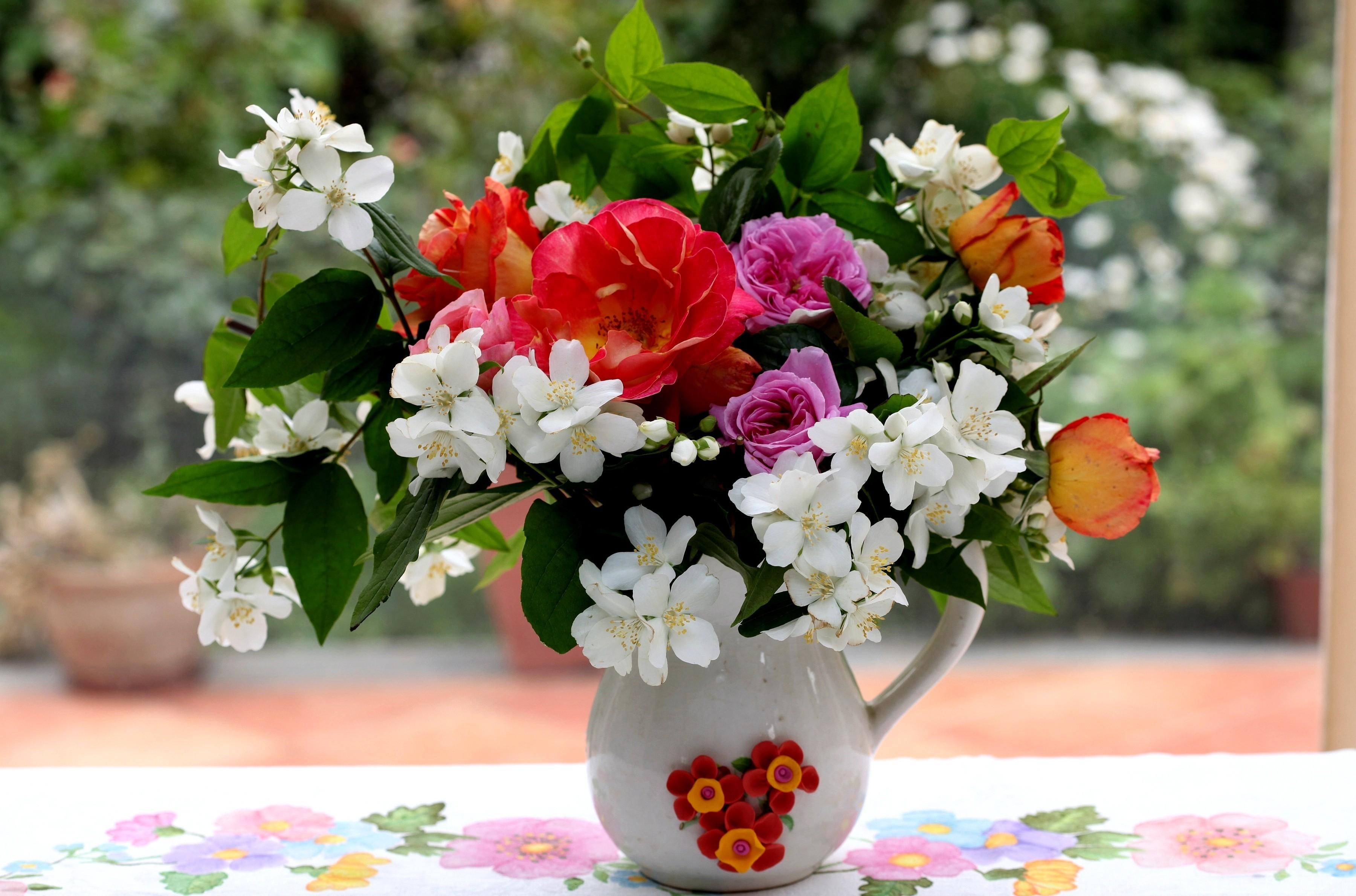roses, flowers, leaves, branches, bouquet, jug, table, jasmine