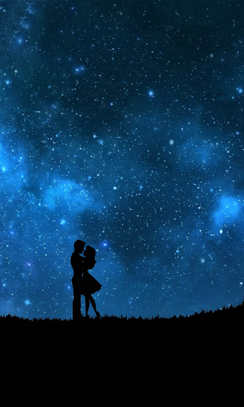 Download mobile wallpaper Sky, Stars, Night, Love, Silhouette, Couple, Starry Sky, Artistic, Hug, Romantic for free.