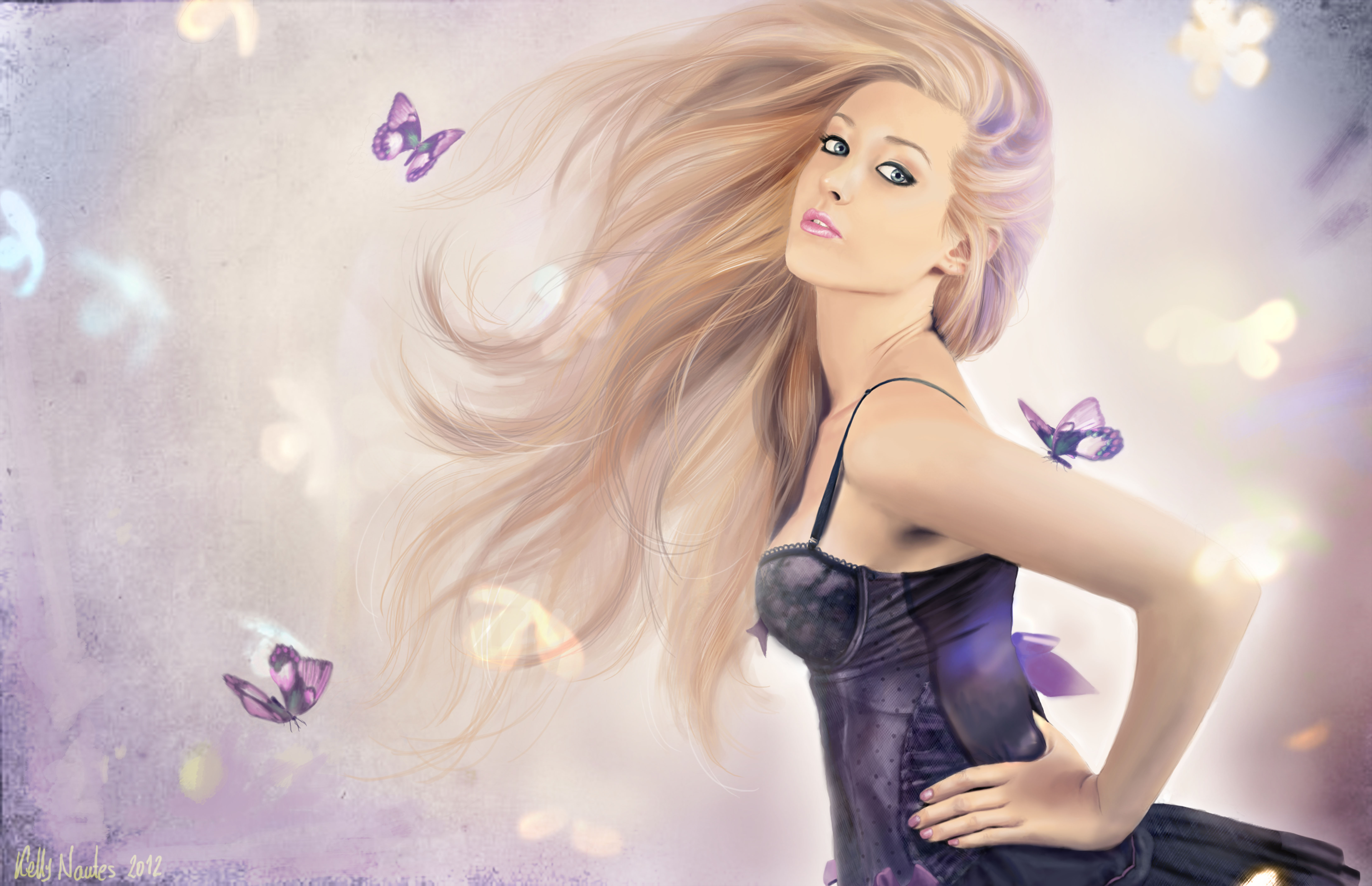 Free download wallpaper Butterfly, Purple, Artistic, Blonde, Women, Blue Eyes, Lipstick on your PC desktop