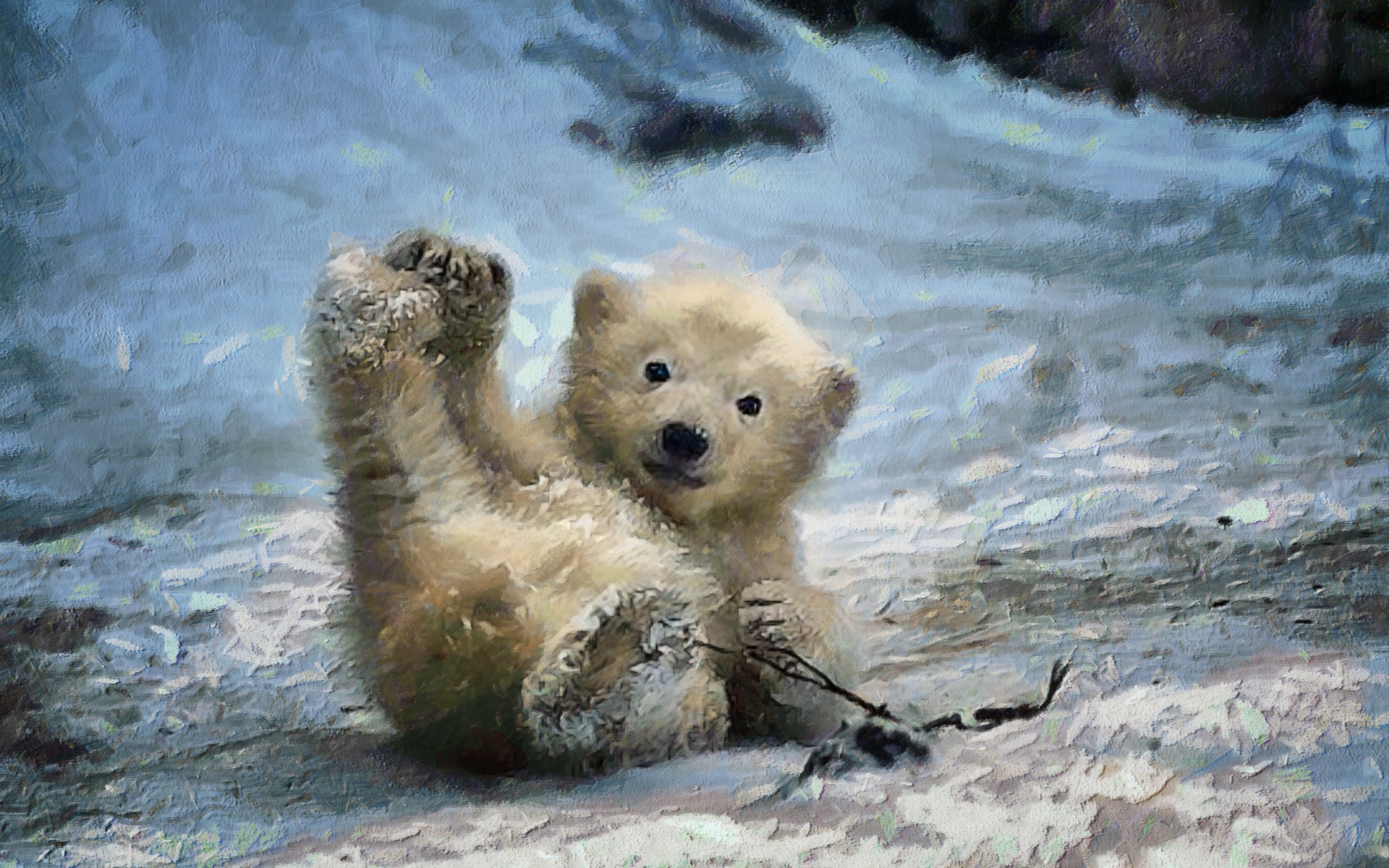 Скачать обои бесплатно Зима, Снег, Детеныш, Картина, Белый Медведь, Художественные, Детеныш Животного картинка на рабочий стол ПК