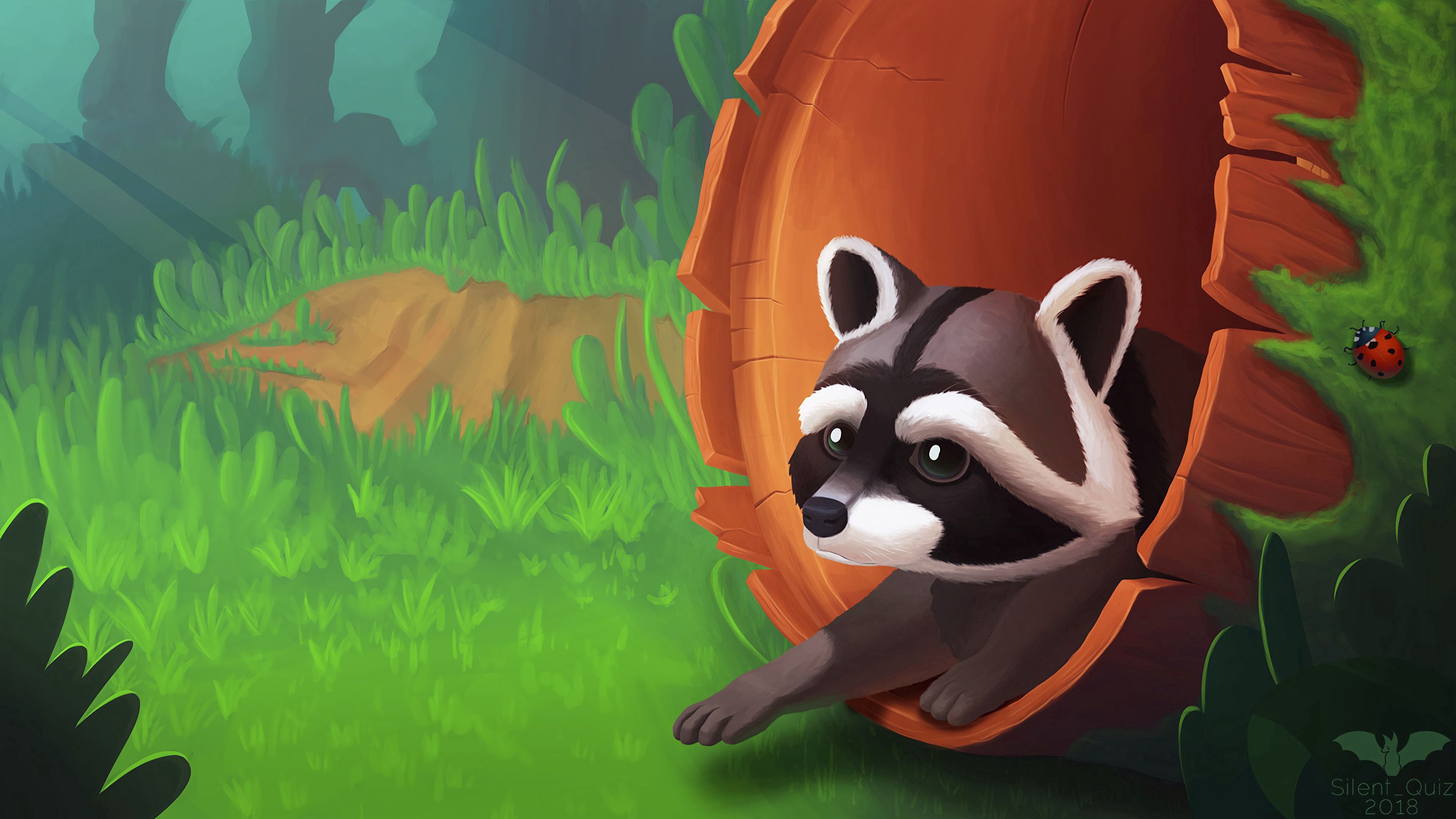 Free download wallpaper Grass, Wood, Tree, Raccoon, Art on your PC desktop