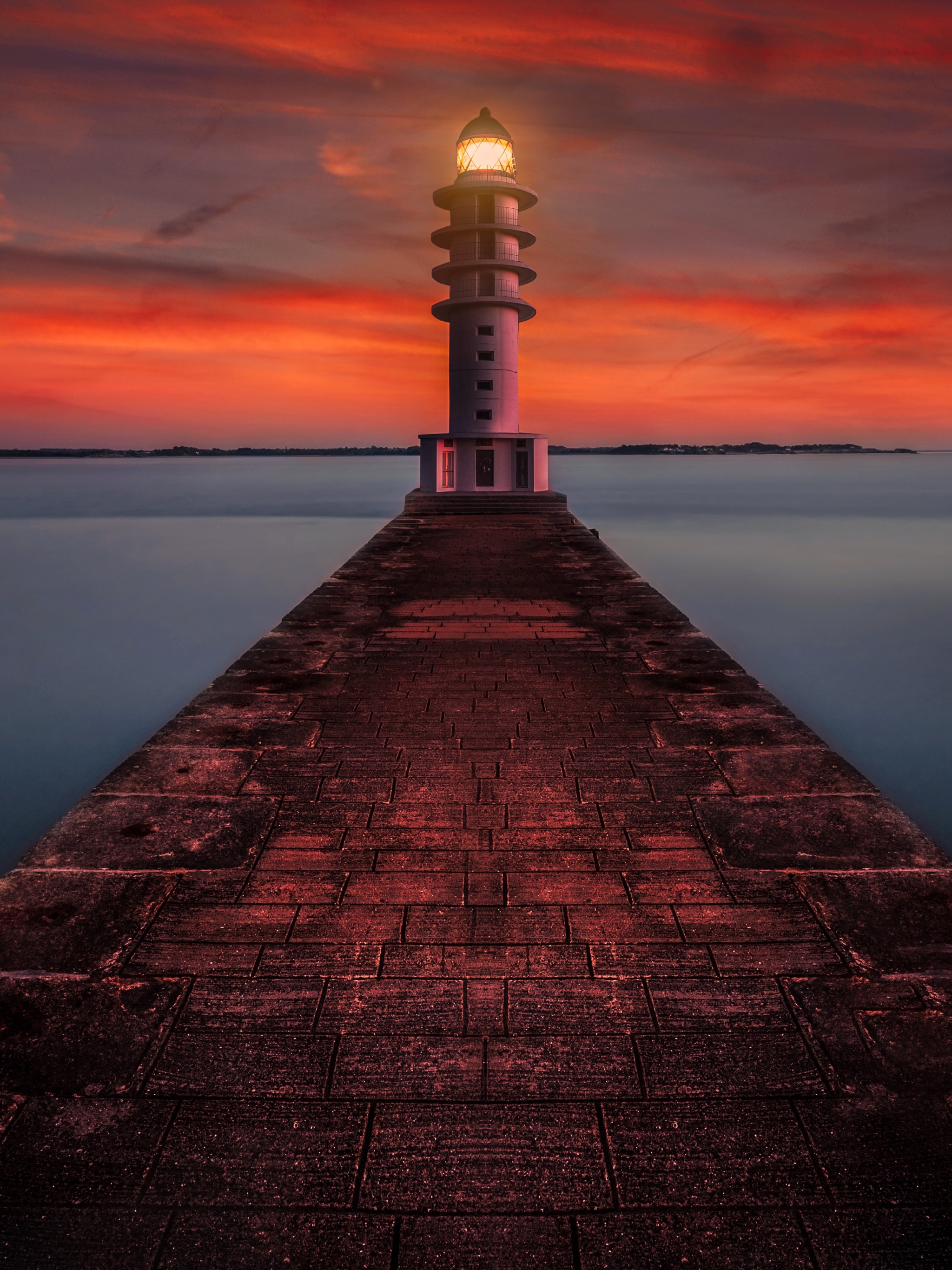 Download mobile wallpaper Sunset, Horizon, Lighthouse, Man Made for free.