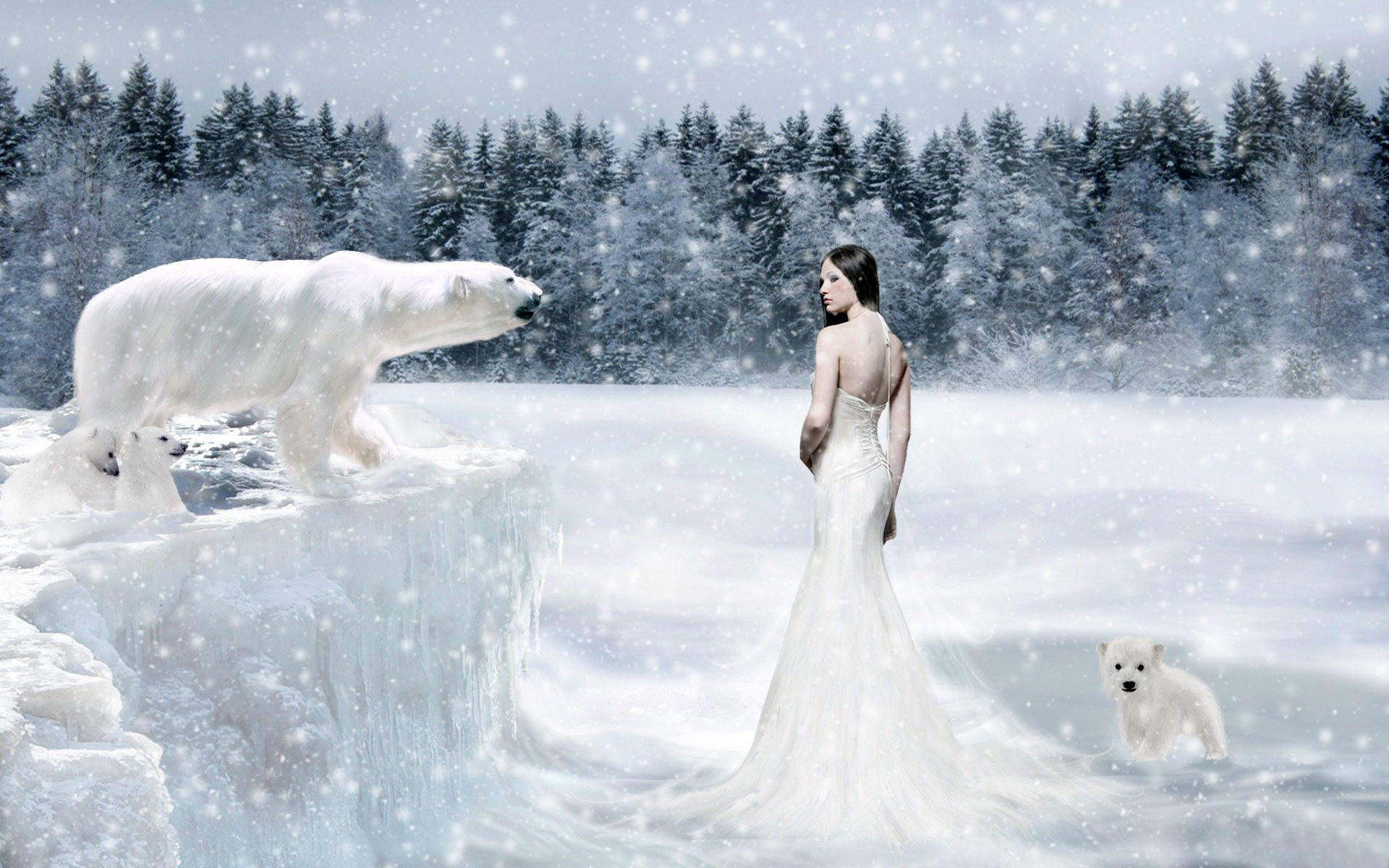 fantasy, women, bear, polar bear, snow 1080p