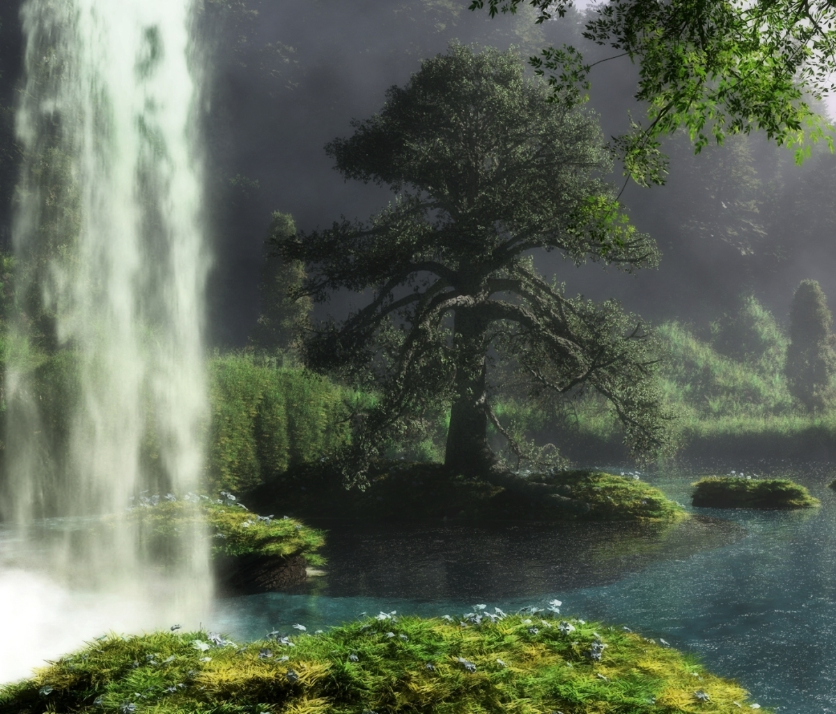 Handy-Wallpaper Landschaft, Fantasie, Wasserfall, Baum, Fluss kostenlos herunterladen.
