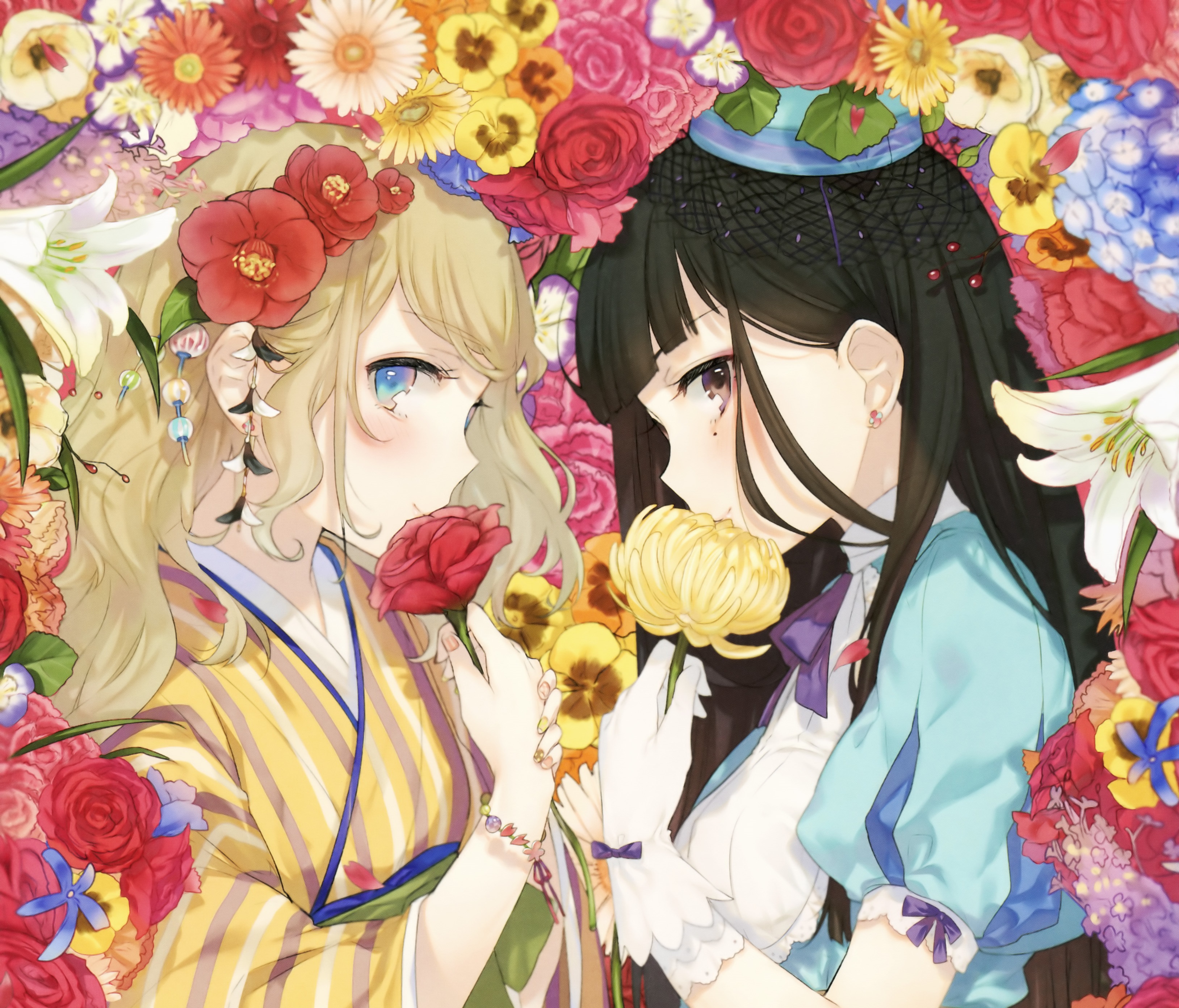 Download mobile wallpaper Anime, Flower, Blonde, Kimono, Hat, Glove, Blue Eyes, Original, Blush, Brown Eyes, Black Hair, Long Hair, Bow (Clothing) for free.