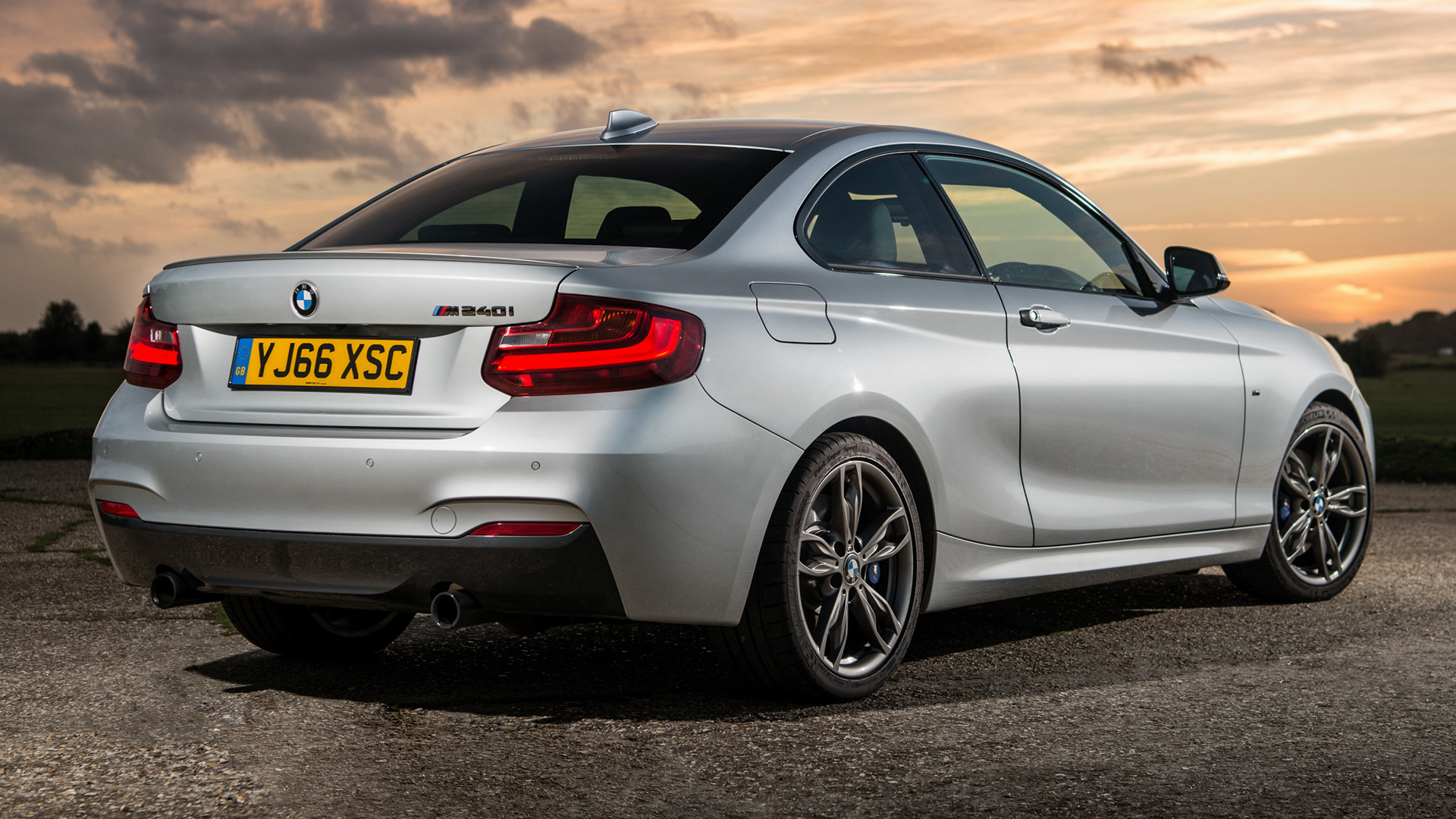 vehicles, bmw m2 coupe, compact car, silver car, sunset, bmw