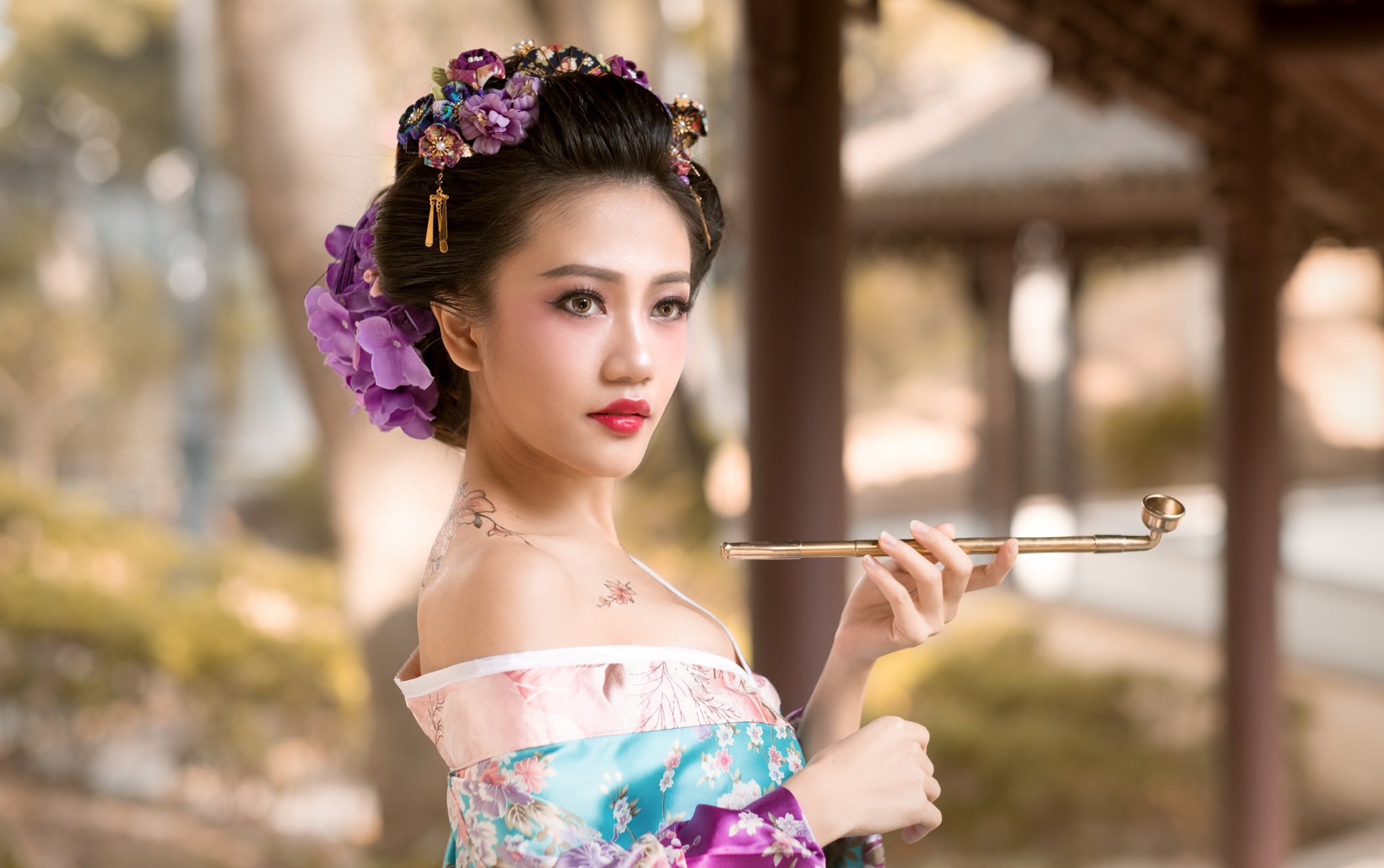 Free download wallpaper Brunette, Model, Women, Asian, Lipstick, Depth Of Field, Traditional Costume on your PC desktop