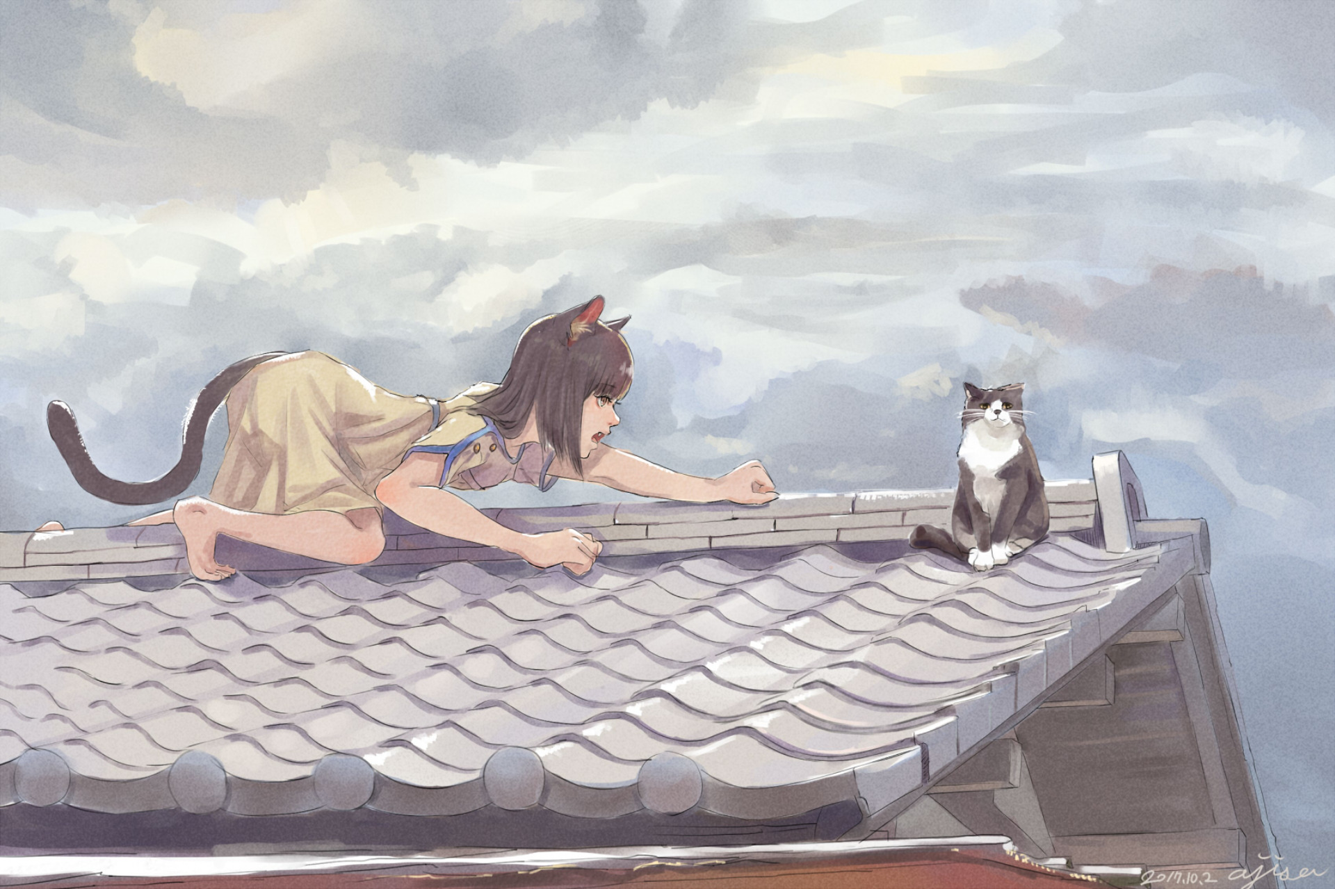 Laden Sie das Katze, Dach, Schwanz, Wolke, Original, Animes, Katzenmädchen-Bild kostenlos auf Ihren PC-Desktop herunter