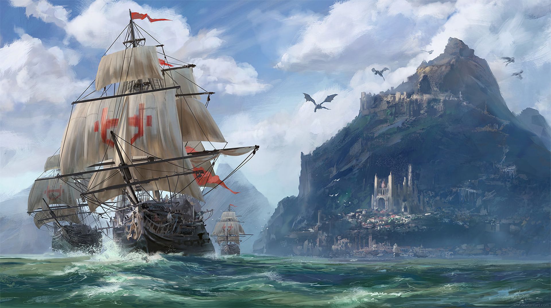 Free download wallpaper Fantasy, City, Mountain, Island, Ship on your PC desktop