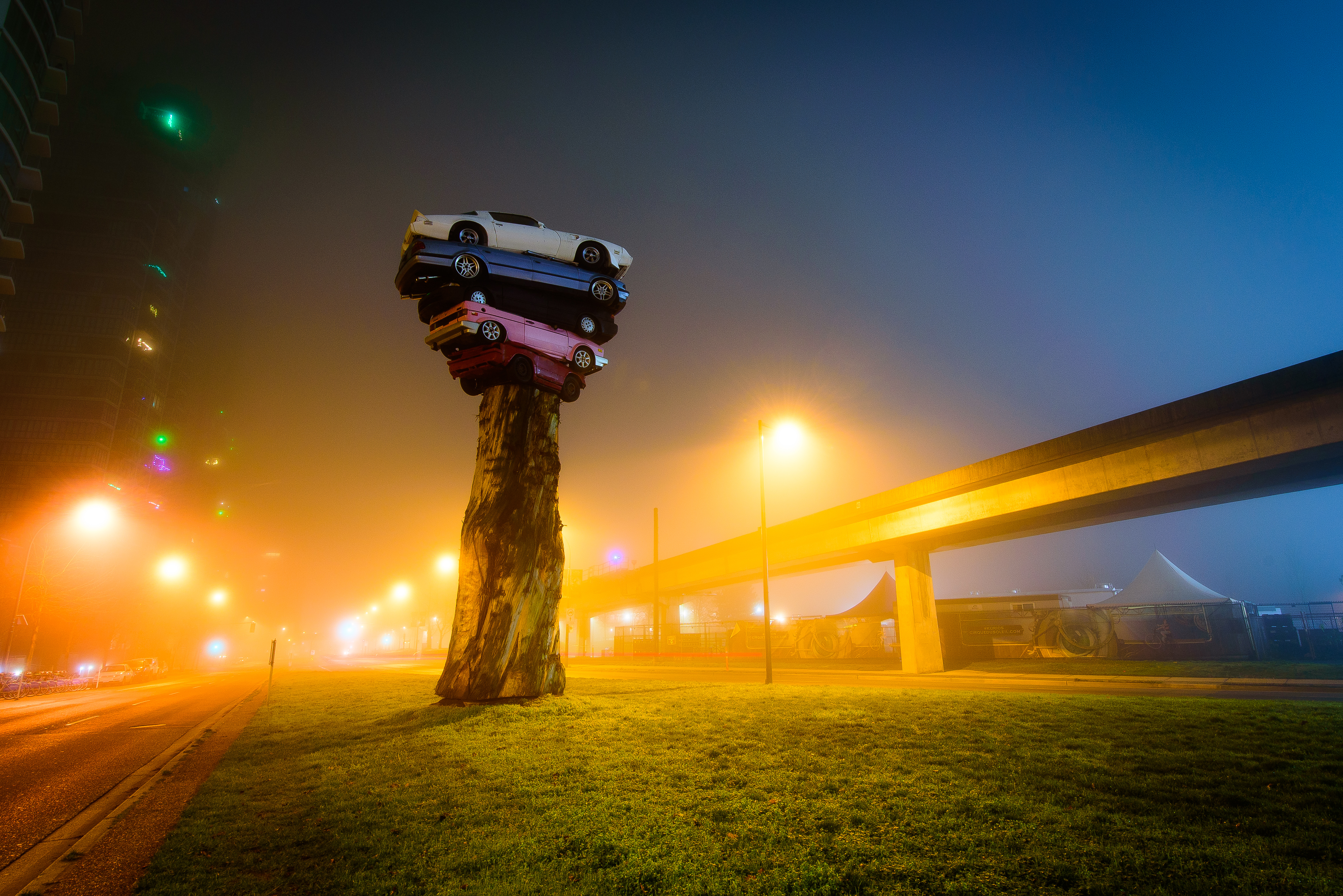 vancouver, cars, wood, tree, fog, night city, installation, trans am totem, art object