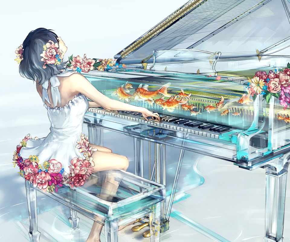 Laden Sie das Musik, Fische, Klavier, Blume, Fisch, Kleid, Animes-Bild kostenlos auf Ihren PC-Desktop herunter