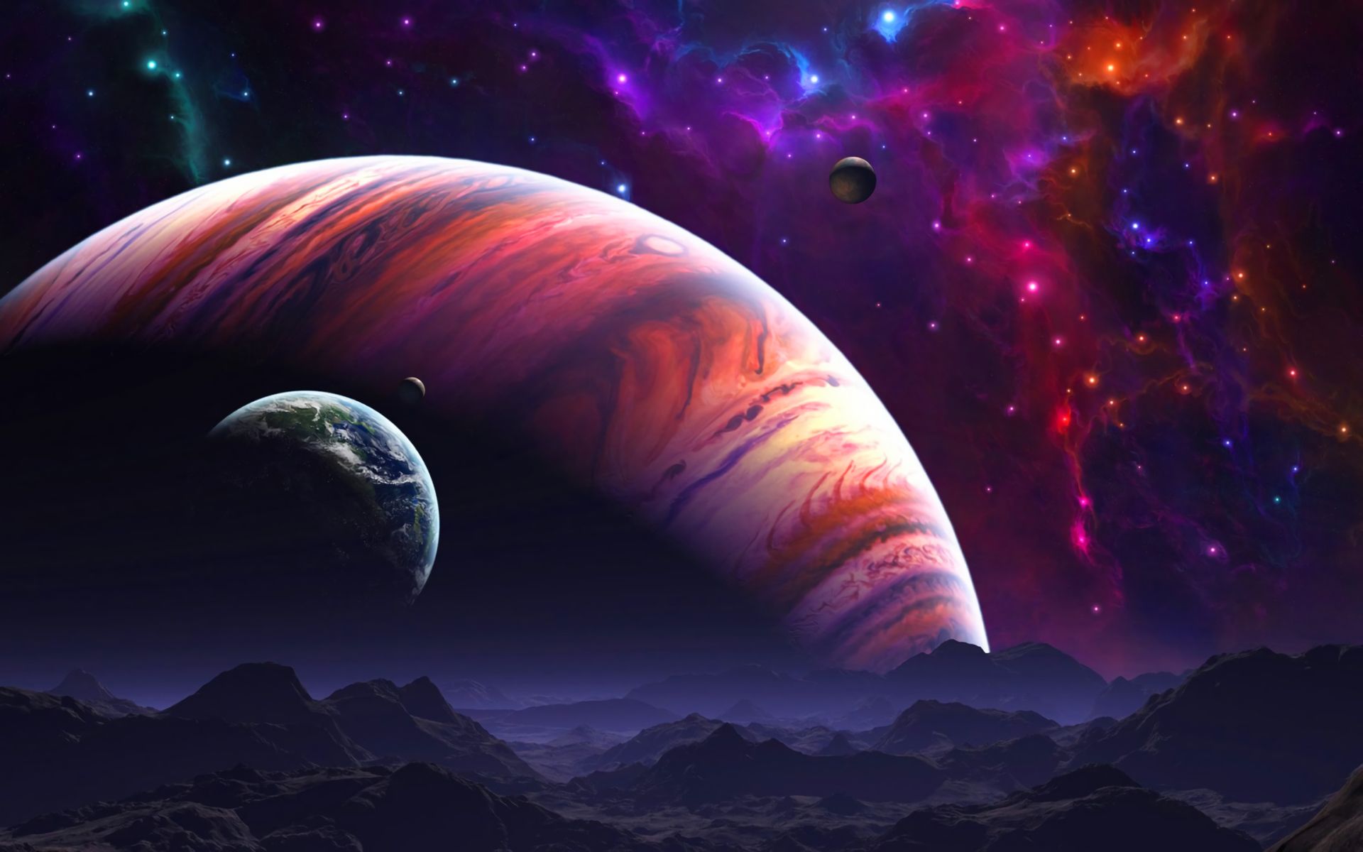 Скачать обои бесплатно Космос, Туманность, Планета, Красочный, Ландшафт, Звёзды, Научная Фантастика, Восход Планеты картинка на рабочий стол ПК