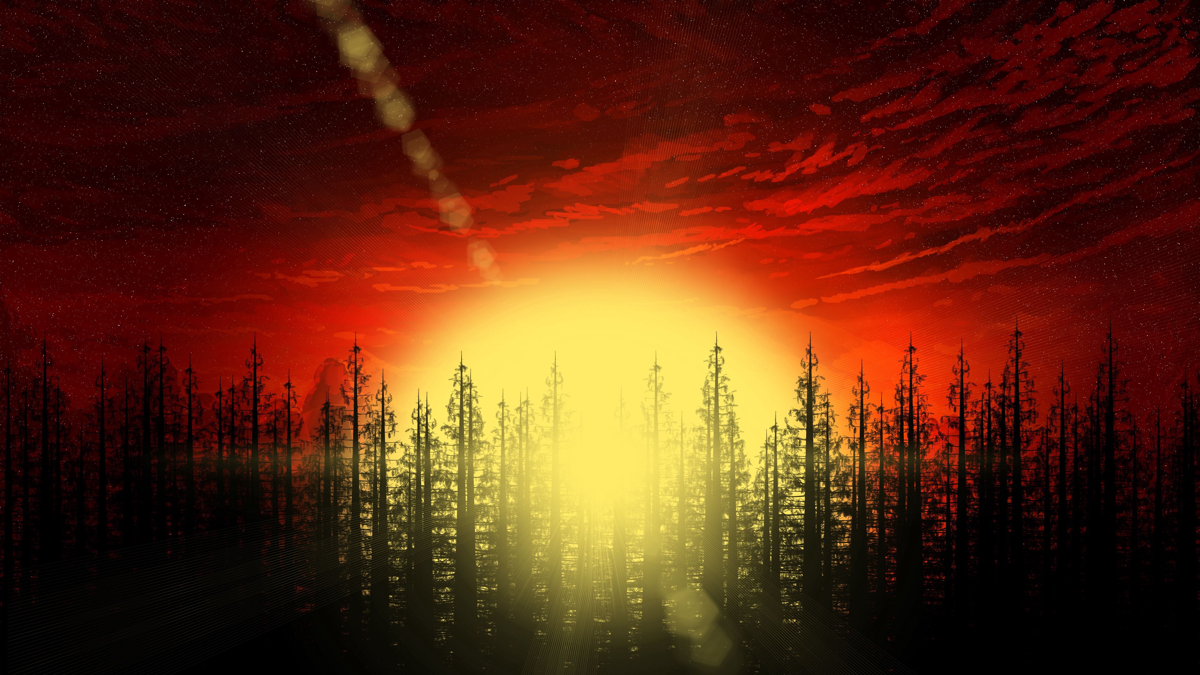 Download mobile wallpaper Forest, Glare, Sun, Dawn, Art for free.