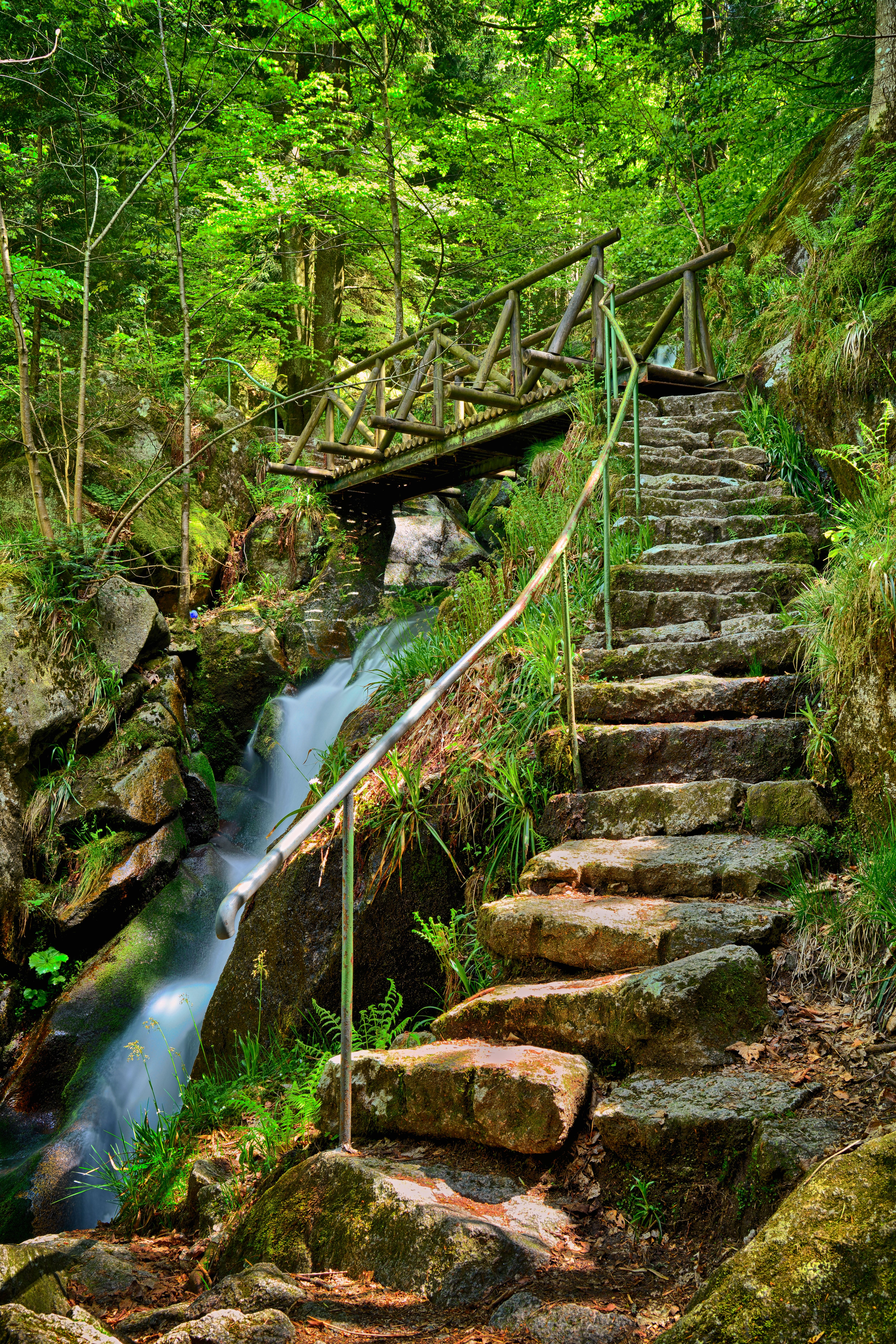 bridge, waterfall, steps, nature, stones, creek, brook HD wallpaper