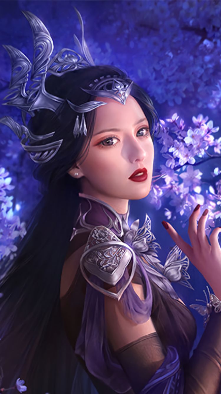 Download mobile wallpaper Fantasy, Flower, Purple, Women, Asian, Lipstick for free.