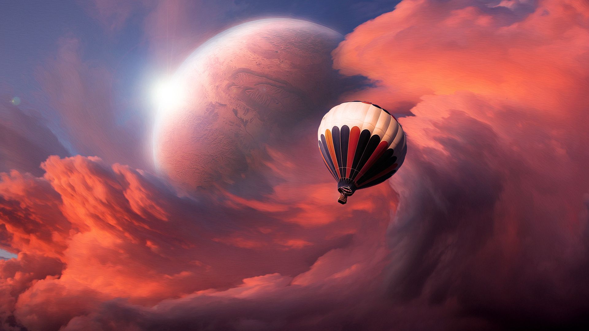 78517 скачать картинку абстракция, воздушный шар, луна, небо, облака, полет, аэростат - обои и заставки бесплатно