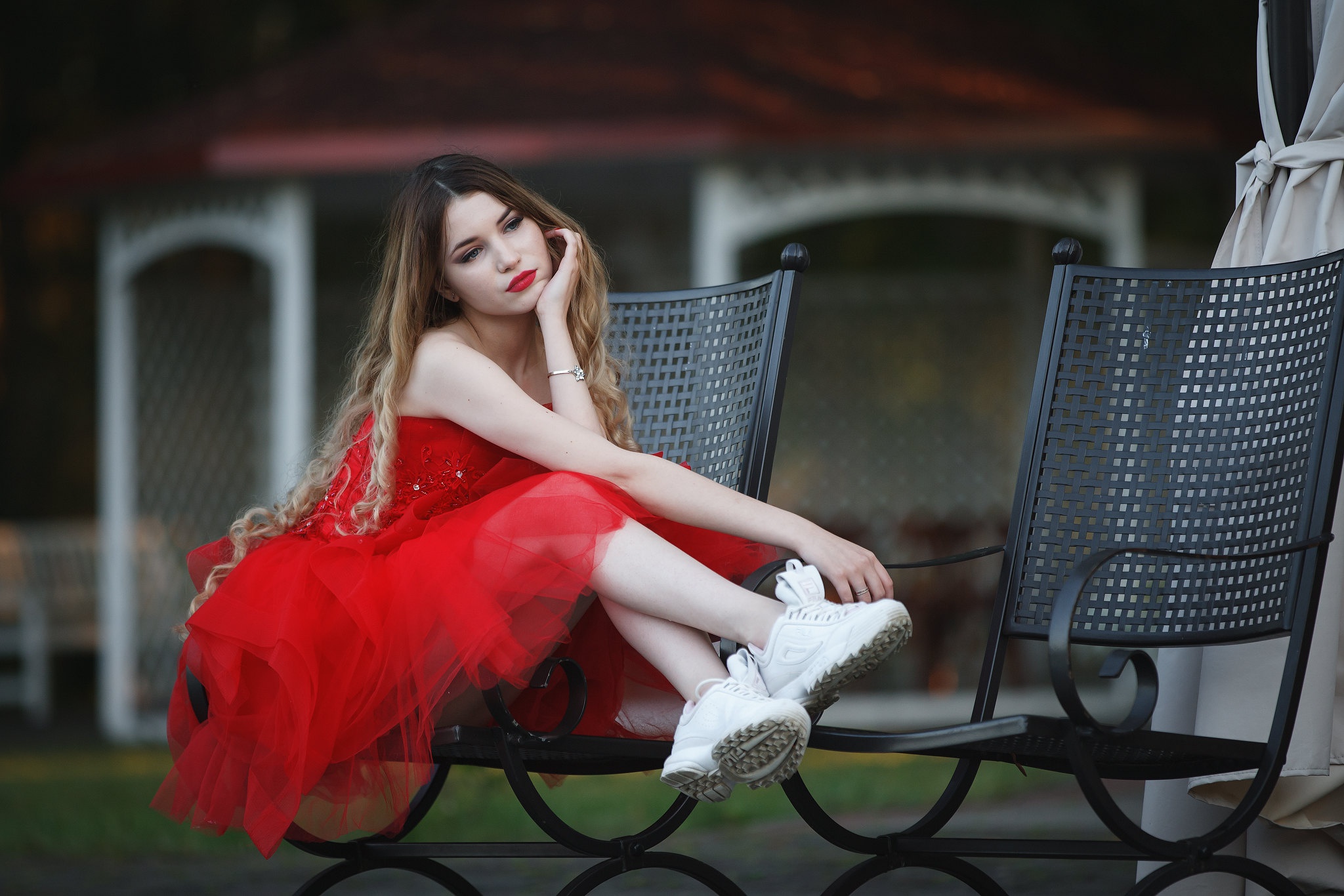 Download mobile wallpaper Sneakers, Mood, Women, Long Hair, Red Dress for free.