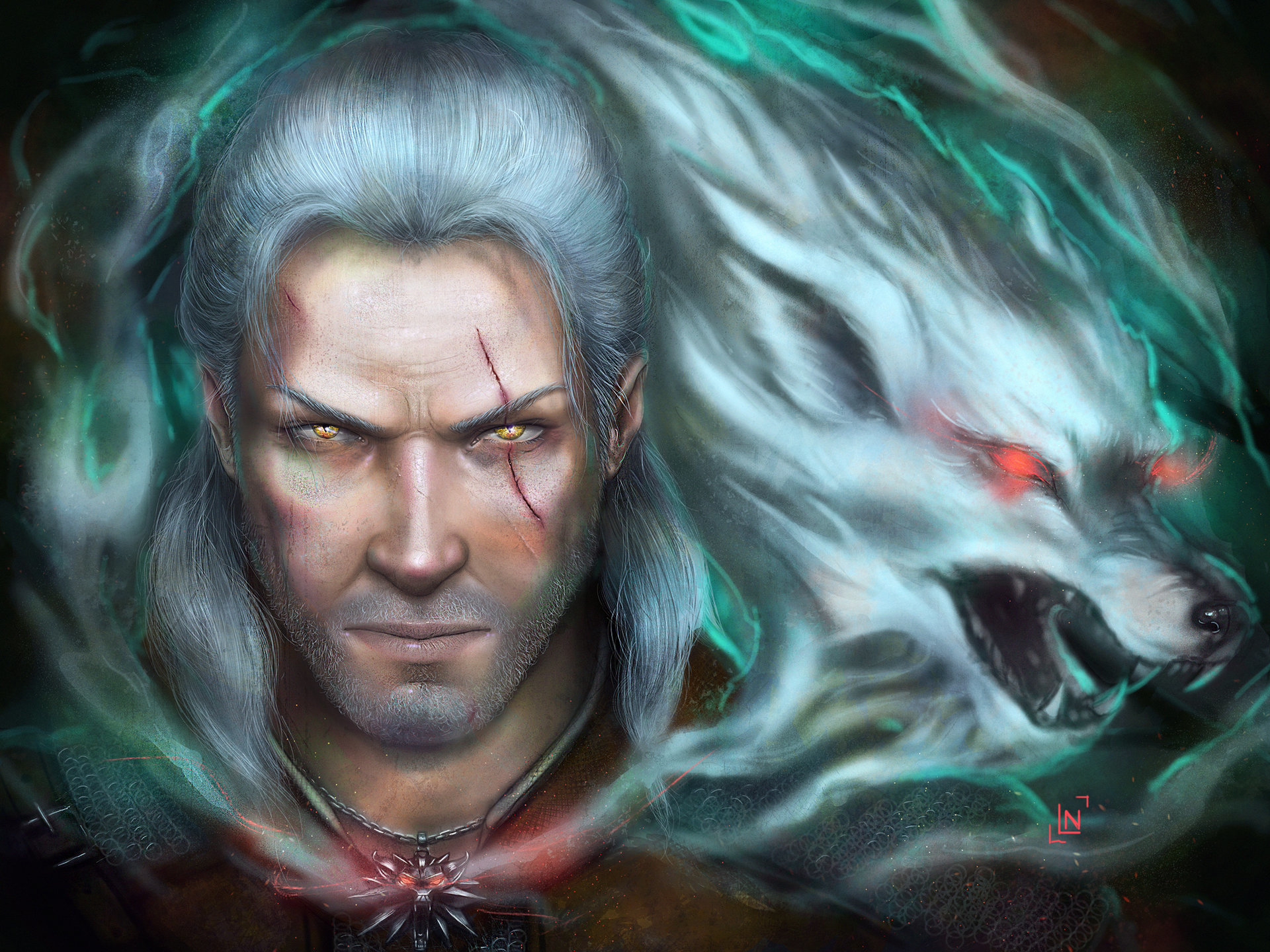 Download mobile wallpaper Wolf, Warrior, Face, Yellow Eyes, Spirit, Video Game, White Hair, The Witcher, Scar, Geralt Of Rivia for free.