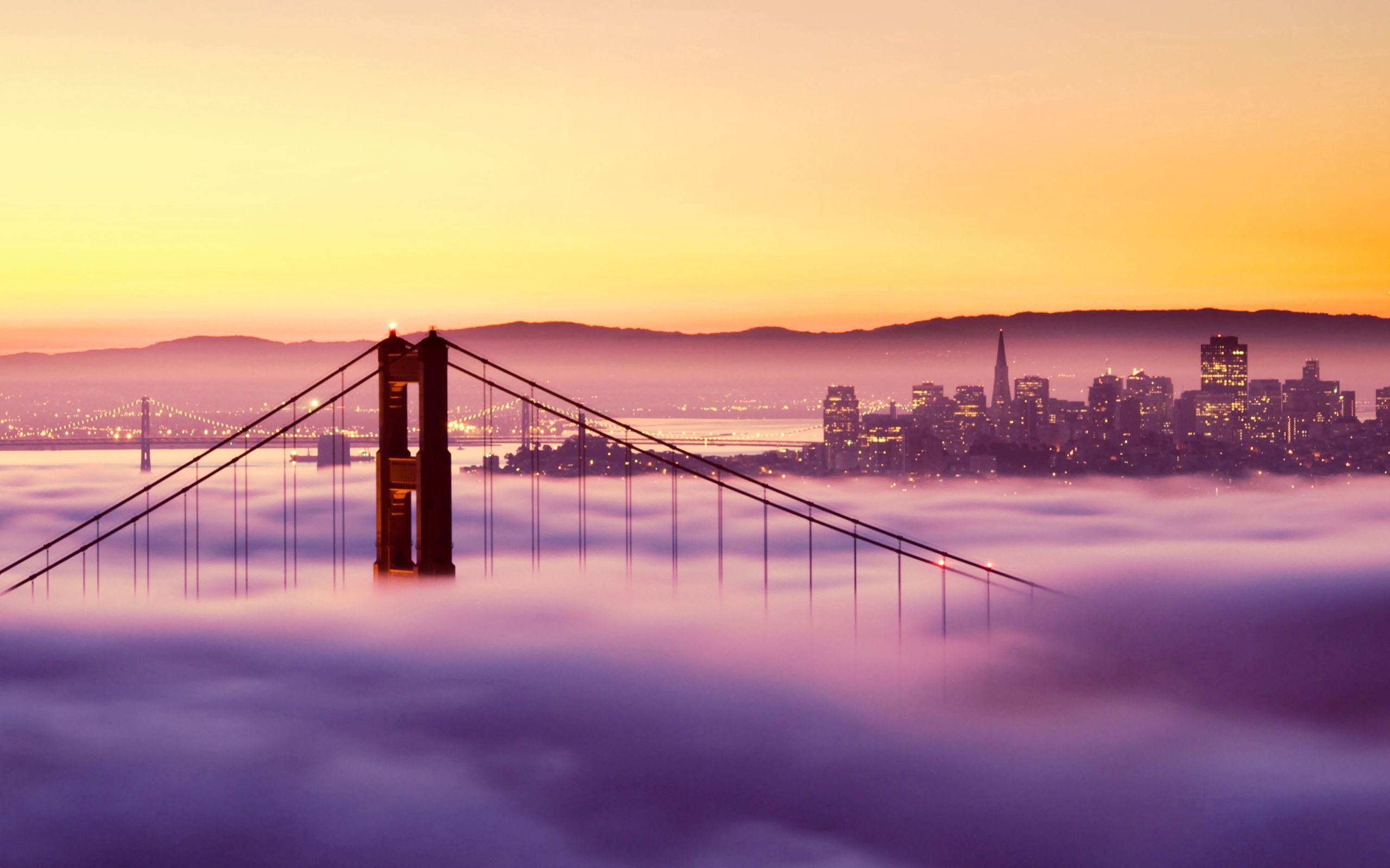 Скачать обои бесплатно Огни, Здания, Туман, Города, Мост, Закат, Сан Франциско картинка на рабочий стол ПК