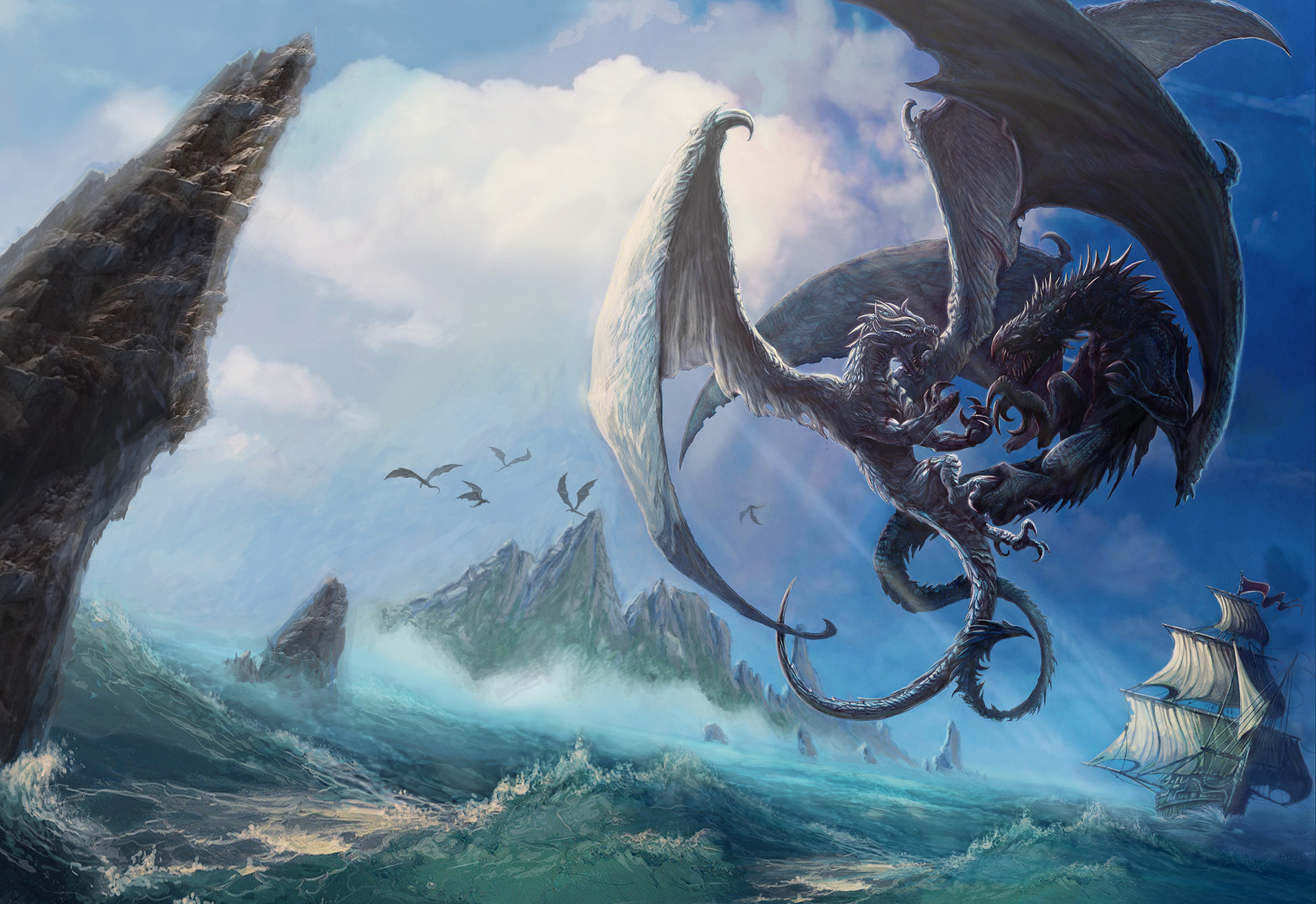 Free download wallpaper Fantasy, Ocean, Boat, Dragon, Wave, Fight on your PC desktop