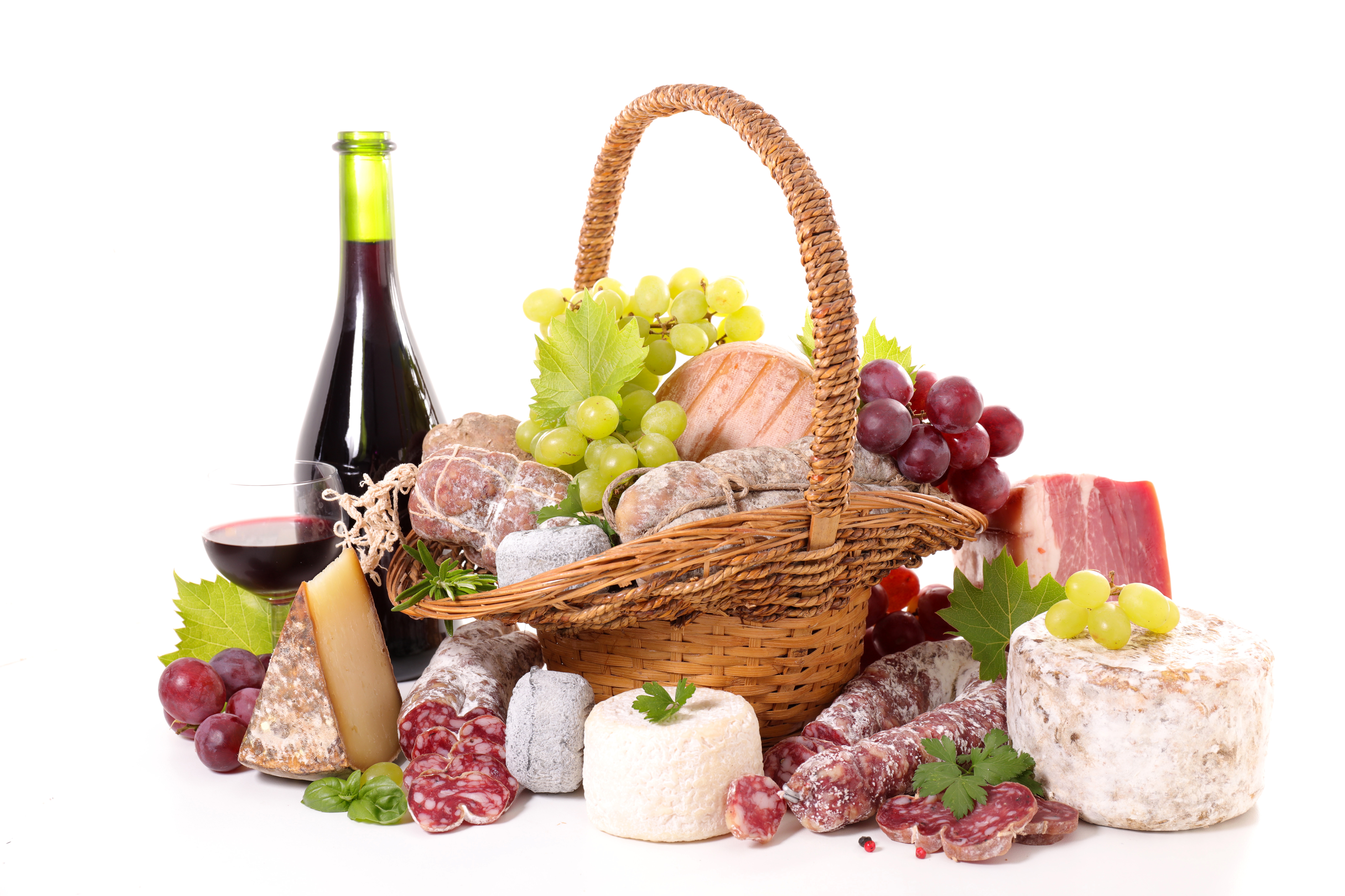 Download mobile wallpaper Food, Cheese, Grapes, Meat, Still Life, Basket, Wine for free.