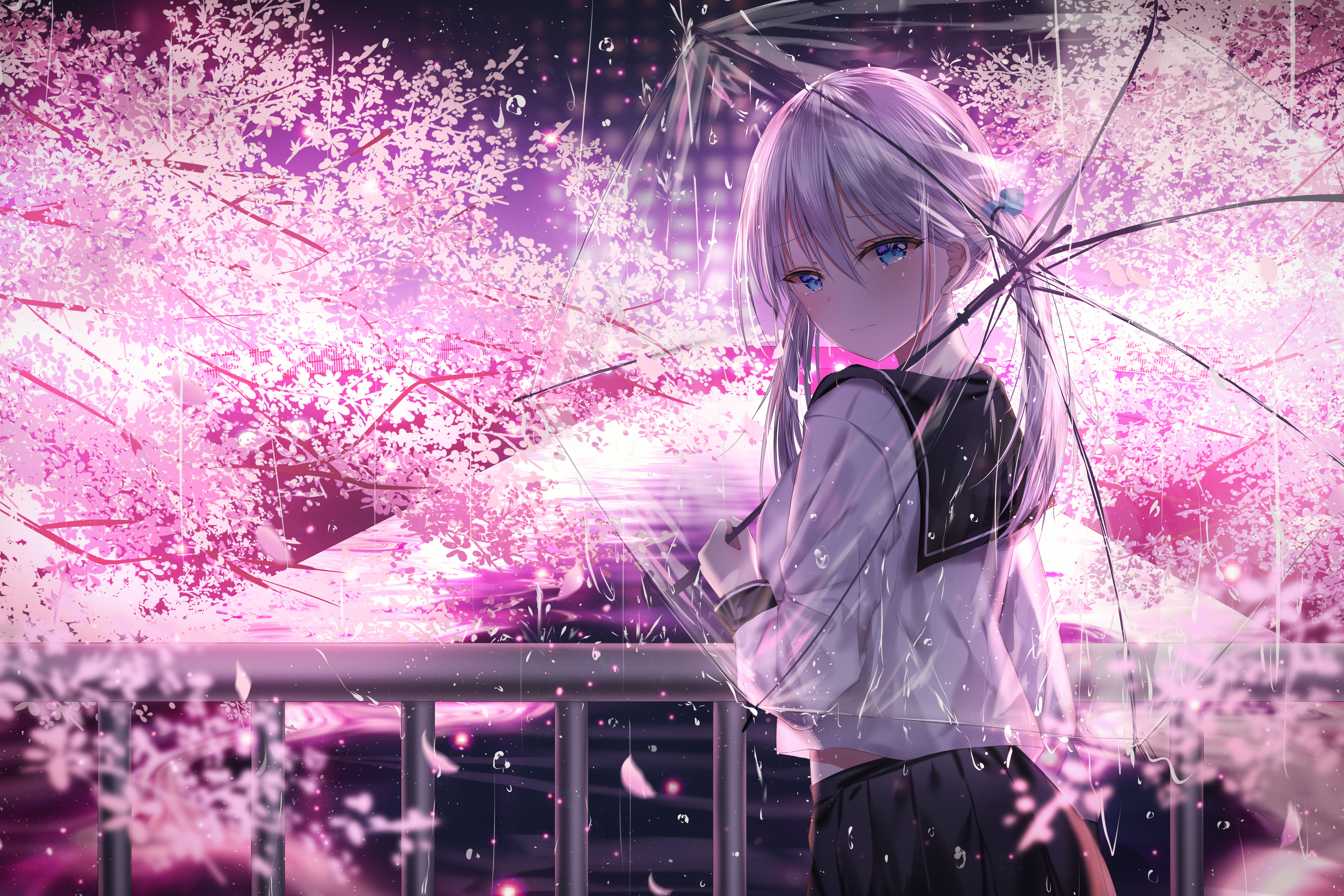 Download mobile wallpaper Anime, Rain, Umbrella, Blue Eyes, Tears, Cherry Blossom, Original, Twintails, Grey Hair for free.