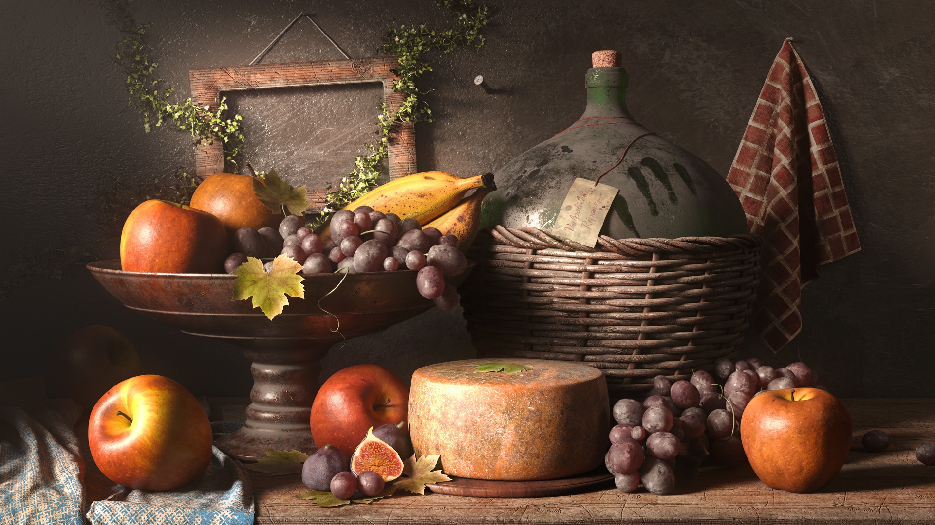 Download mobile wallpaper Food, Apple, Cheese, Grapes, Still Life, Fruit, Banana, Fig, Pitcher for free.