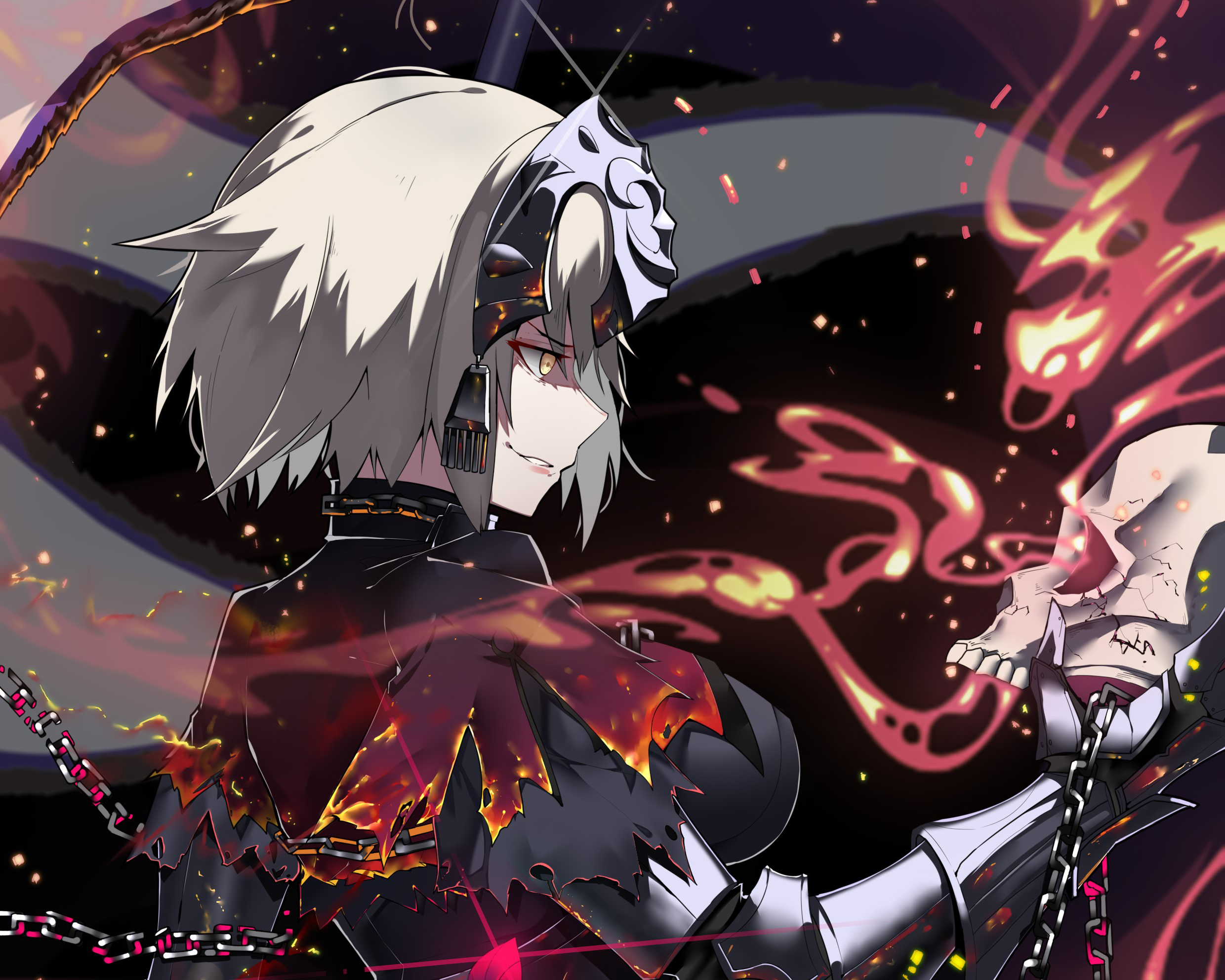 Free download wallpaper Anime, Flame, Smile, Skull, Chain, Yellow Eyes, Short Hair, White Hair, Fate (Series), Fate/grand Order, Jeanne D'arc Alter, Avenger (Fate/grand Order), Fate Series on your PC desktop