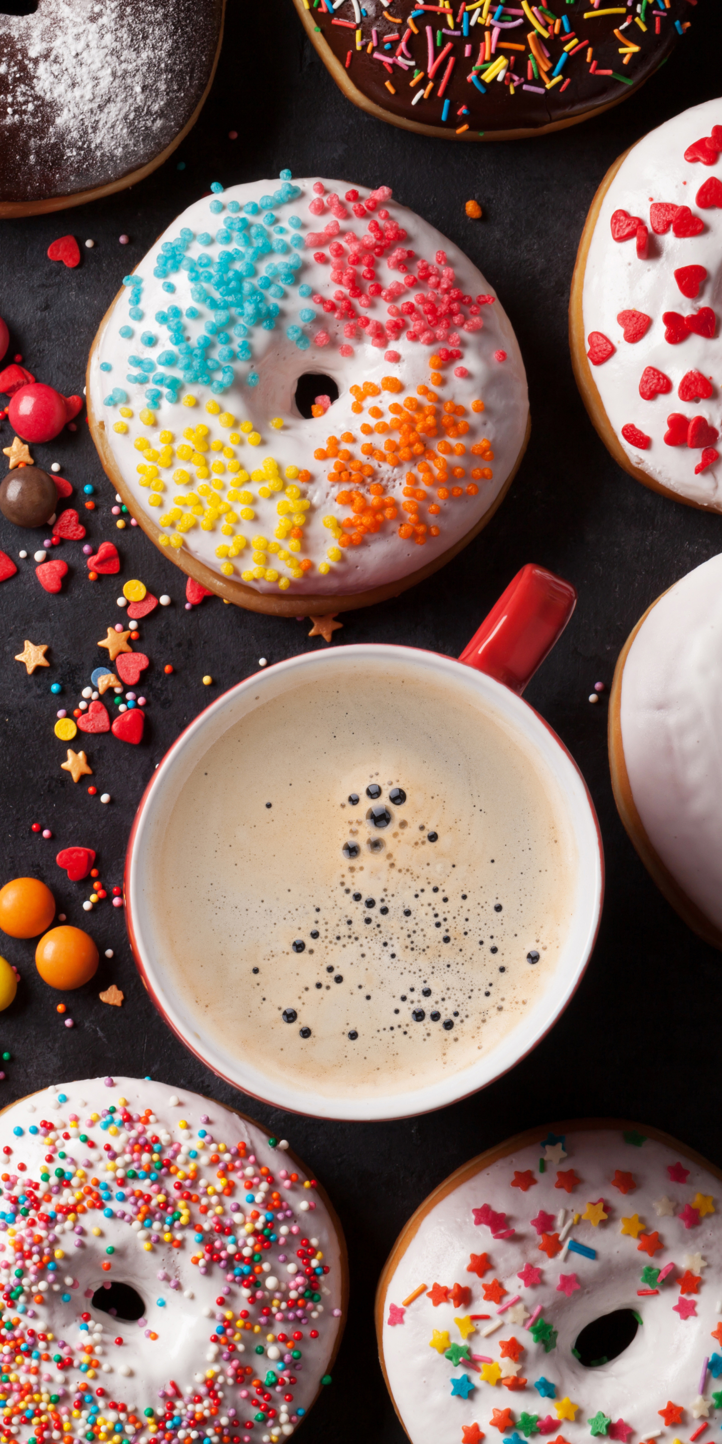 Handy-Wallpaper Tasse, Süßigkeiten, Nahrungsmittel, Stillleben, Kaffee, Donut kostenlos herunterladen.