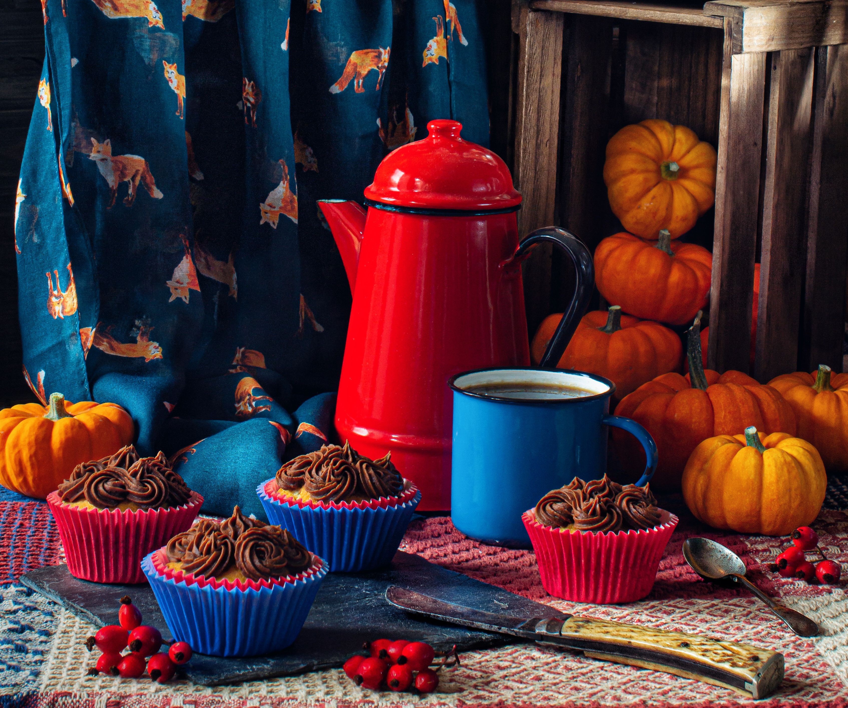 food, cupcake, kettle, pumpkin, still life HD wallpaper