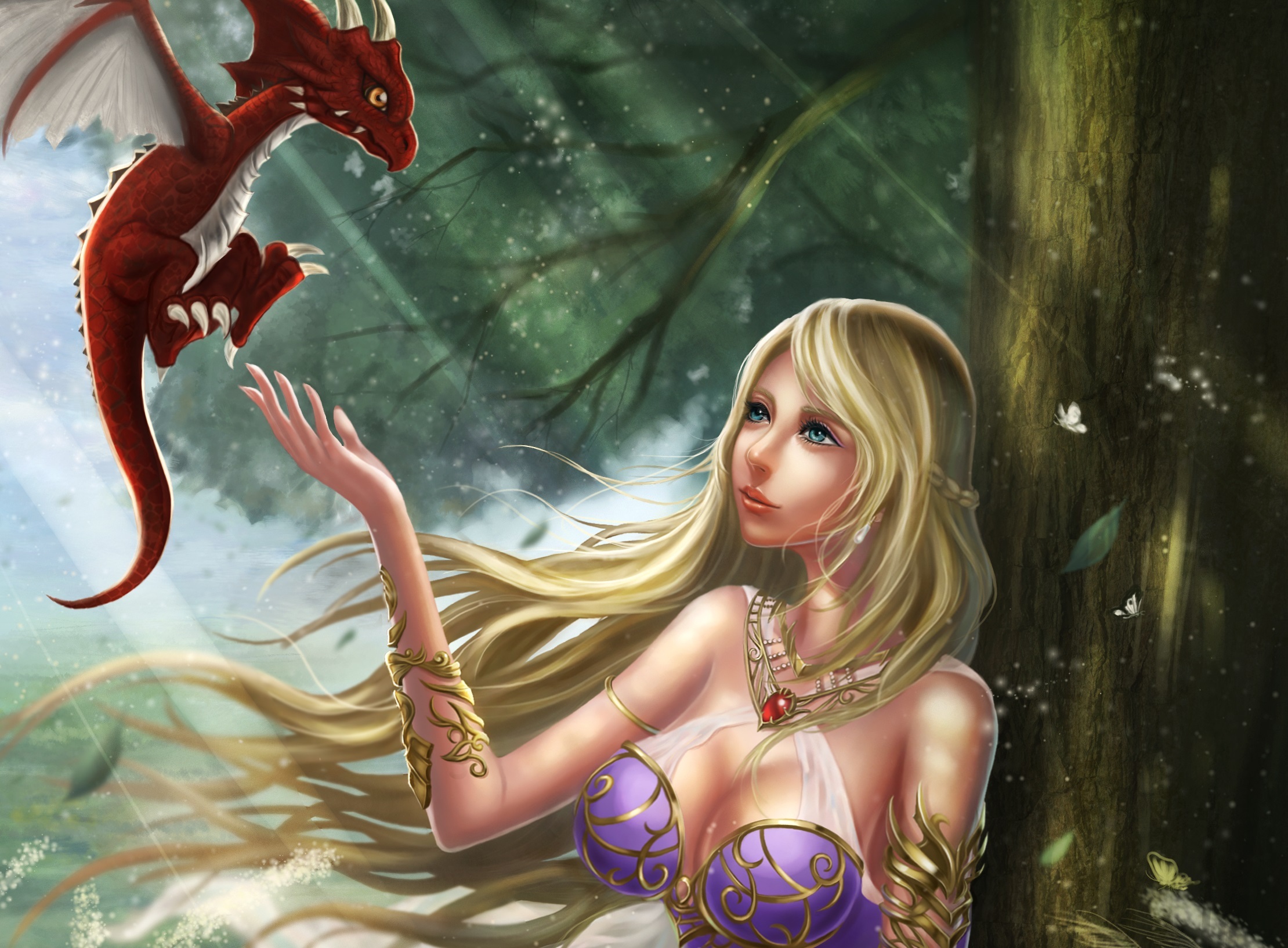 Download mobile wallpaper Fantasy, Dragon, Blonde, Women, Blue Eyes, Necklace, Long Hair for free.