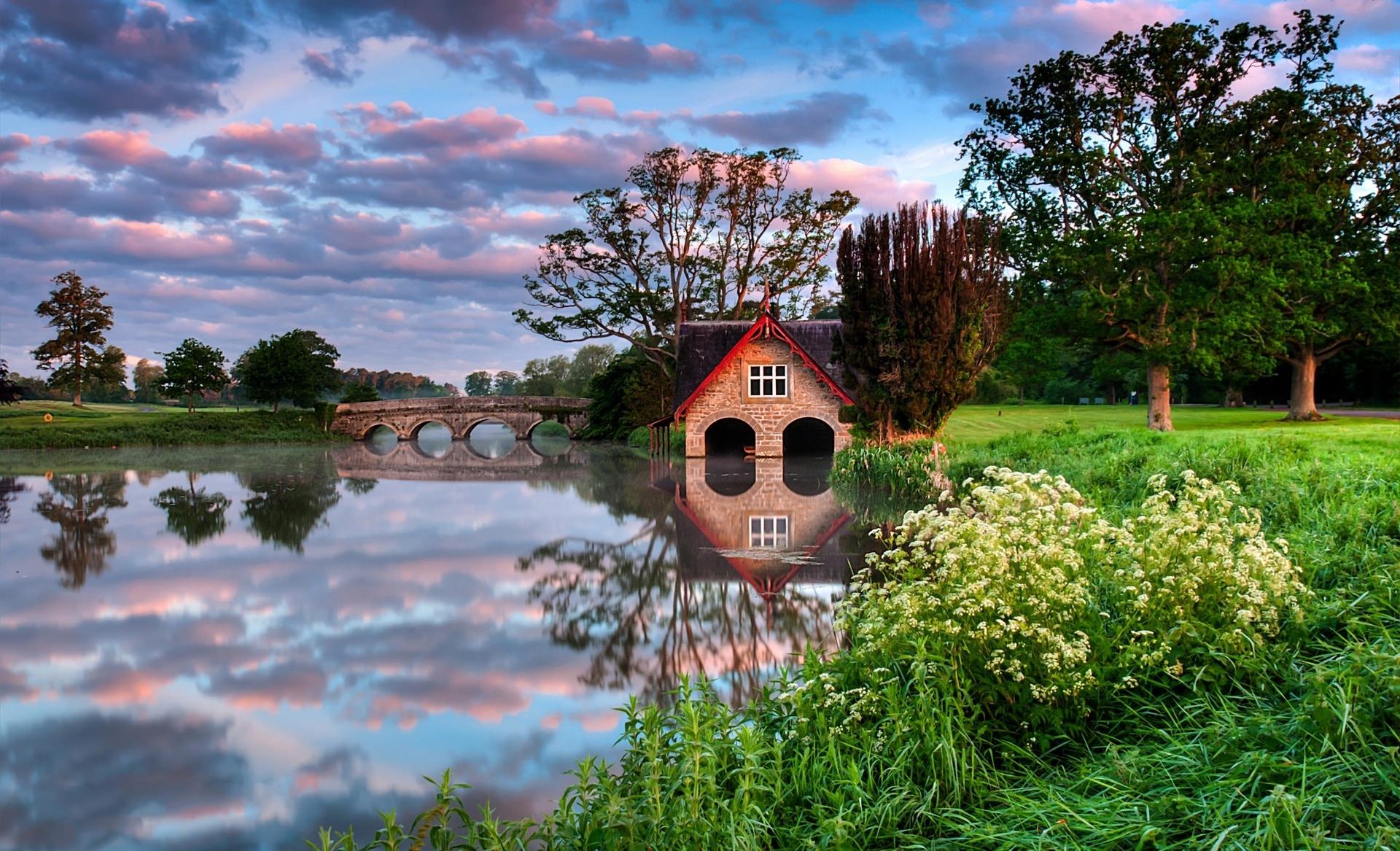 house, man made, boathouse, bridge, flower, lake, reflection, shed, tree