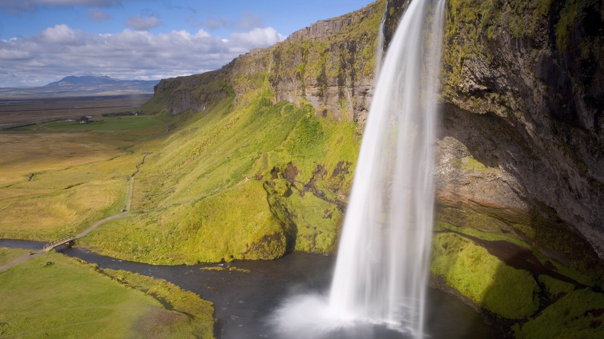 Free download wallpaper Nature, Water, Grass, Waterfall, Earth, Bridge, Cloud on your PC desktop