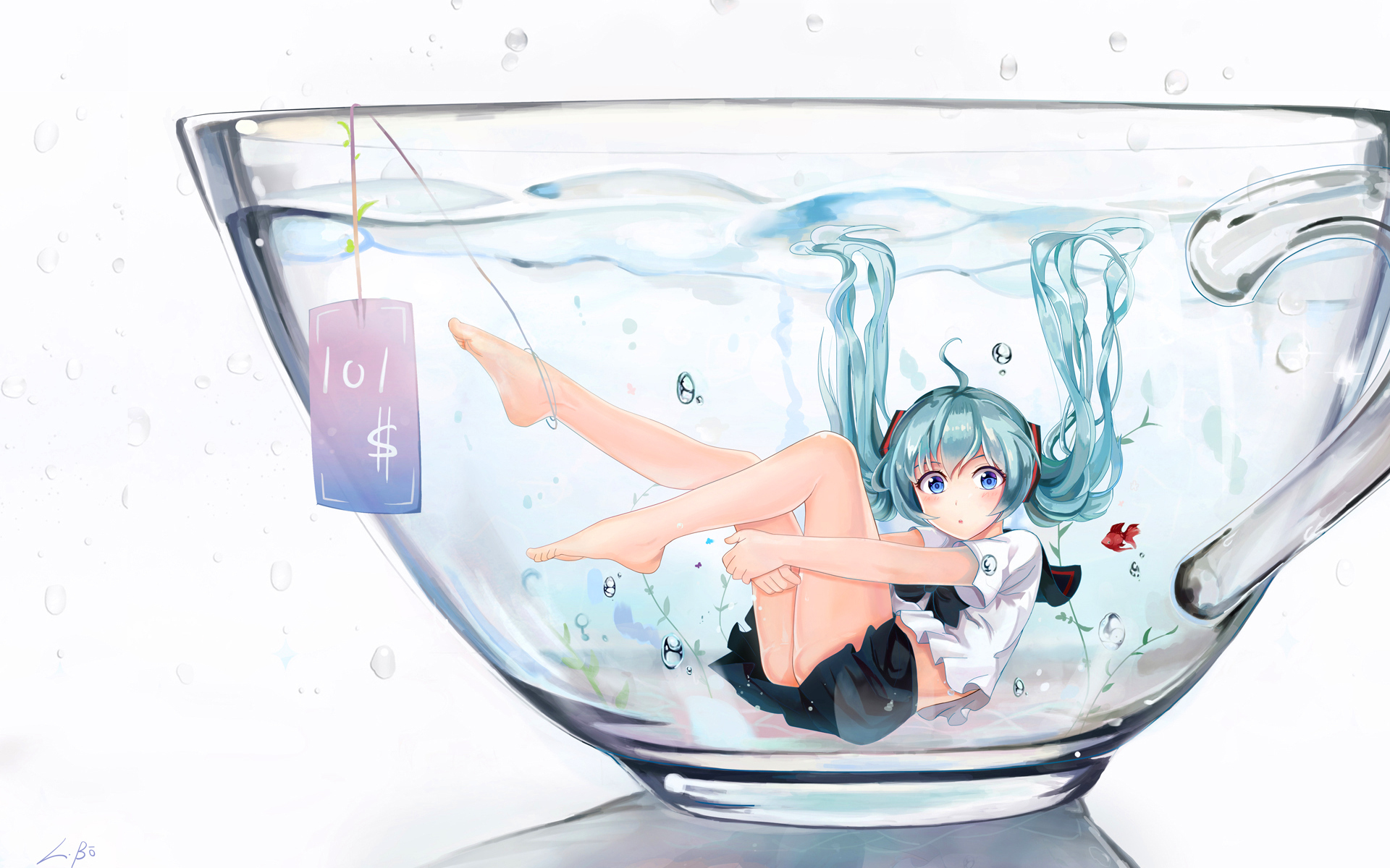 cup, anime, hatsune miku, vocaloid, blue eyes, blue hair, skirt, twintails, water