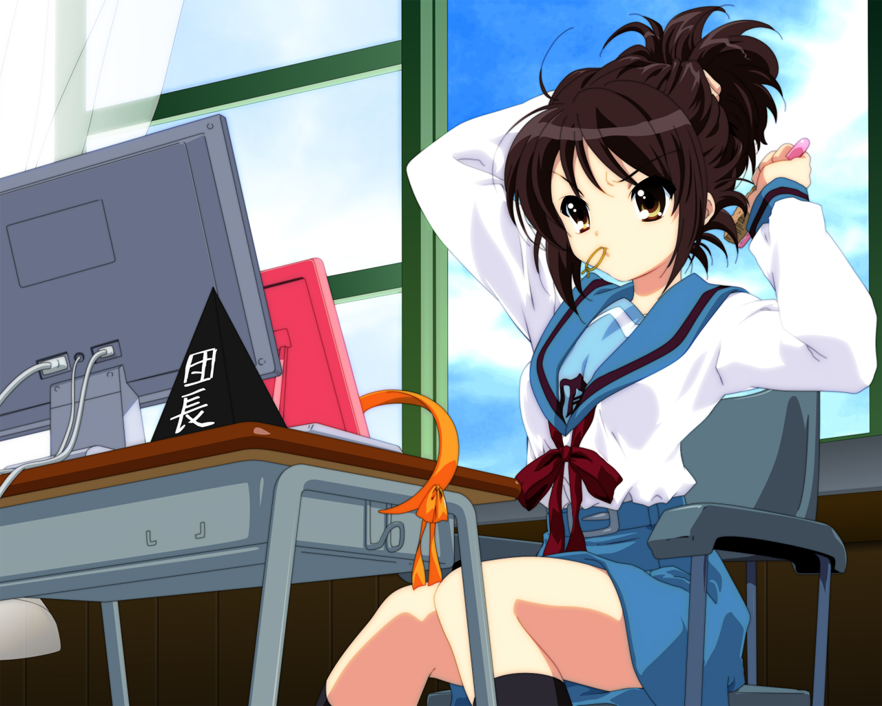 Free download wallpaper Anime, School Uniform, Brown Eyes, Brown Hair, Short Hair, Haruhi Suzumiya, The Melancholy Of Haruhi Suzumiya on your PC desktop