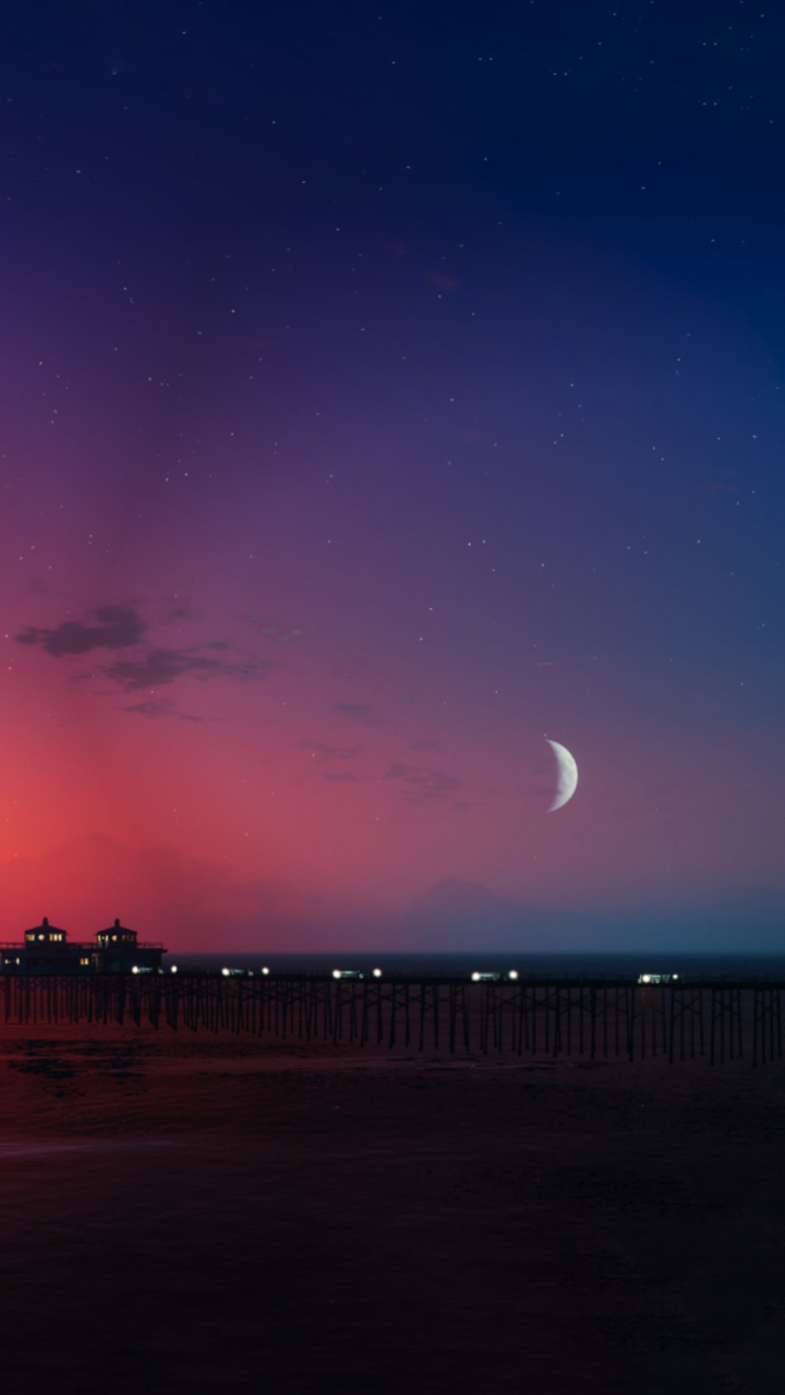 Download mobile wallpaper Sunset, Sky, Moon, Horizon, Pier, Dusk, Video Game, Grand Theft Auto, Grand Theft Auto V for free.